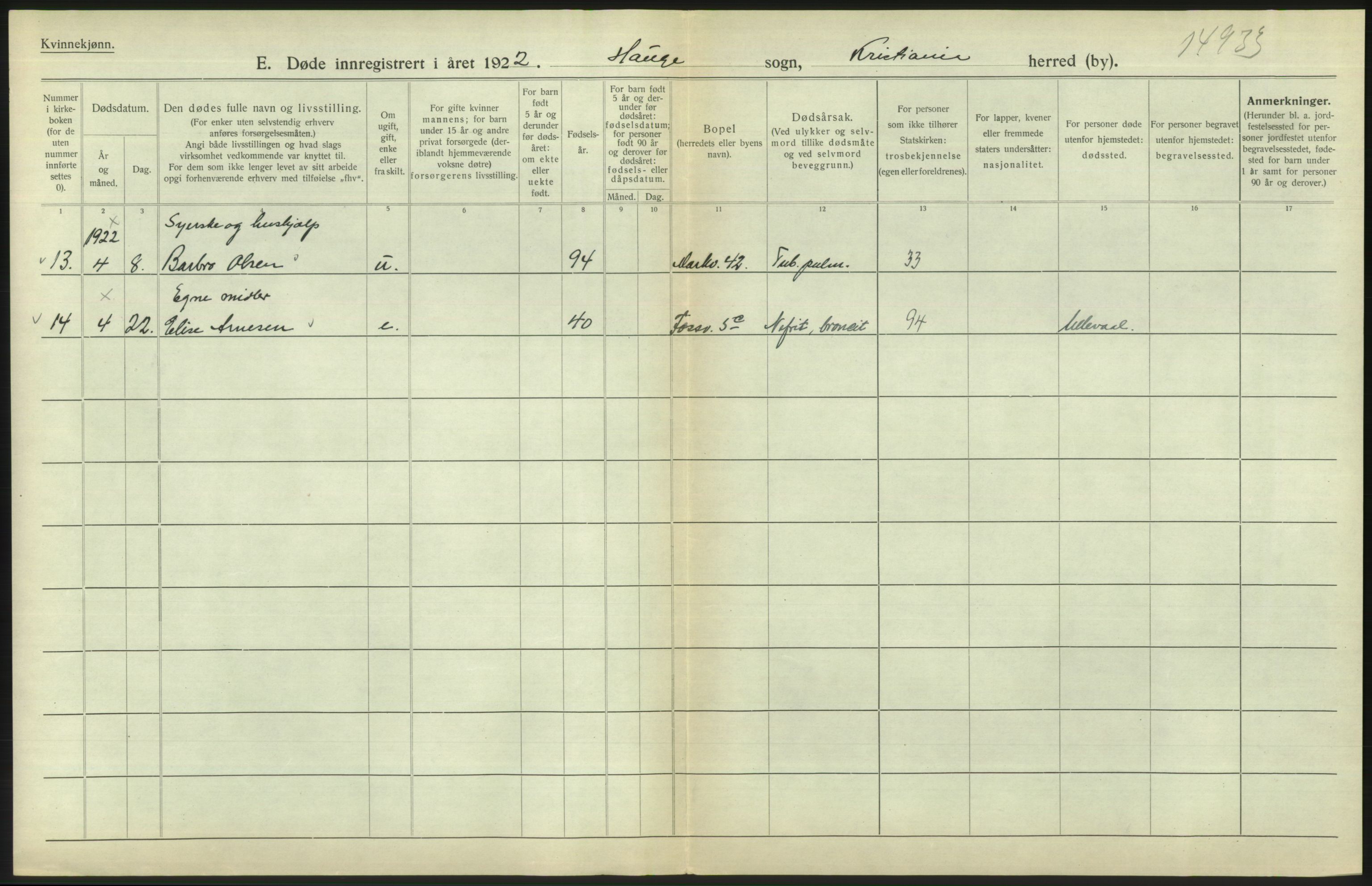 Statistisk sentralbyrå, Sosiodemografiske emner, Befolkning, AV/RA-S-2228/D/Df/Dfc/Dfcb/L0009: Kristiania: Døde, 1922, p. 600