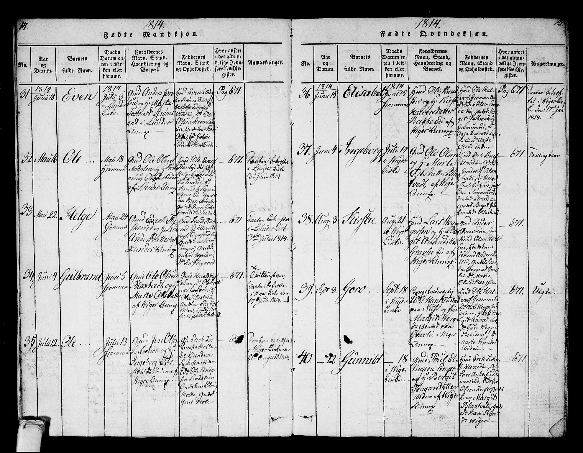 Norderhov kirkebøker, AV/SAKO-A-237/F/Fa/L0008: Parish register (official) no. 8, 1814-1833, p. 14-15