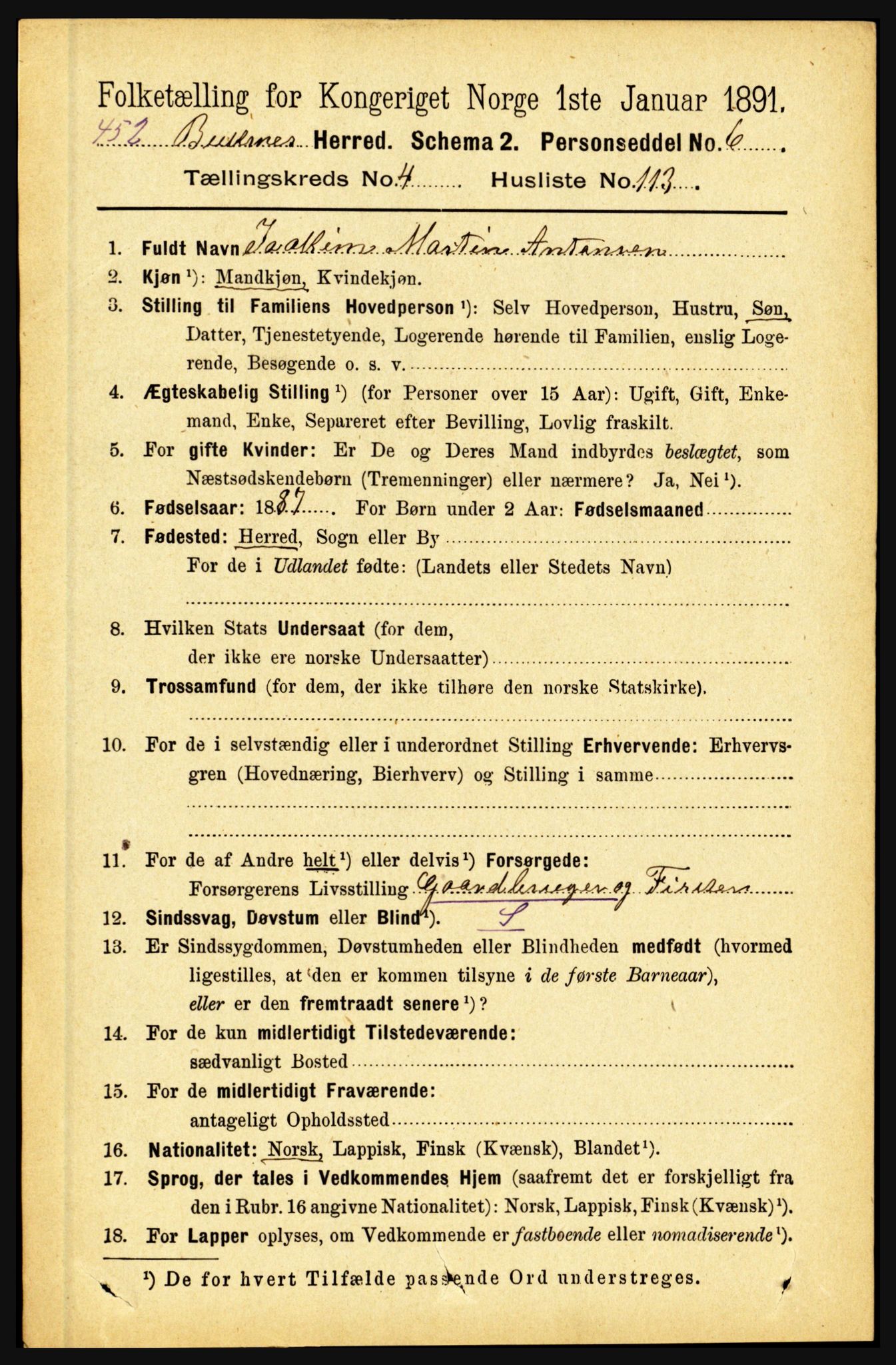 RA, 1891 census for 1860 Buksnes, 1891, p. 3776