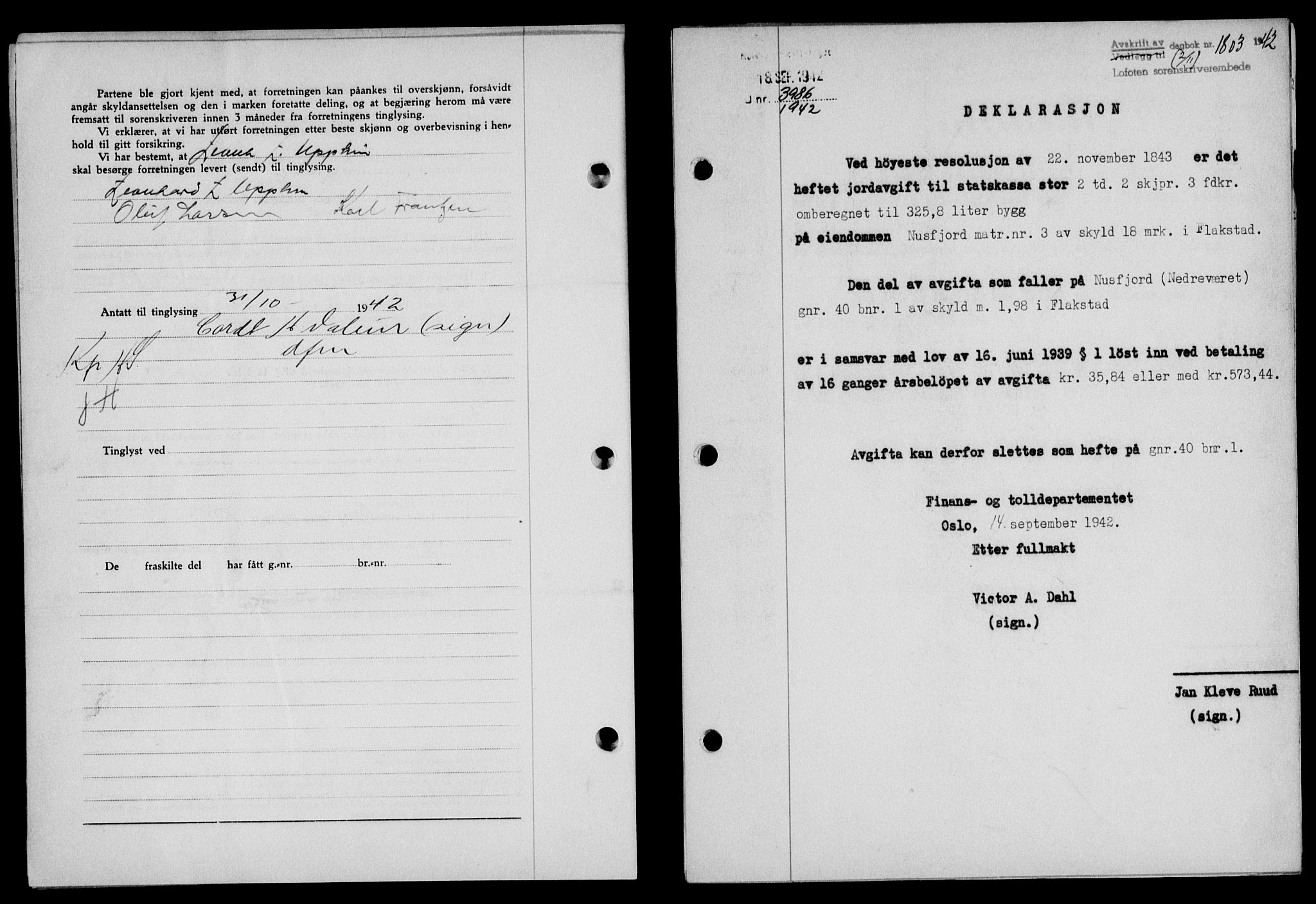 Lofoten sorenskriveri, SAT/A-0017/1/2/2C/L0010a: Mortgage book no. 10a, 1942-1943, Diary no: : 1803/1942