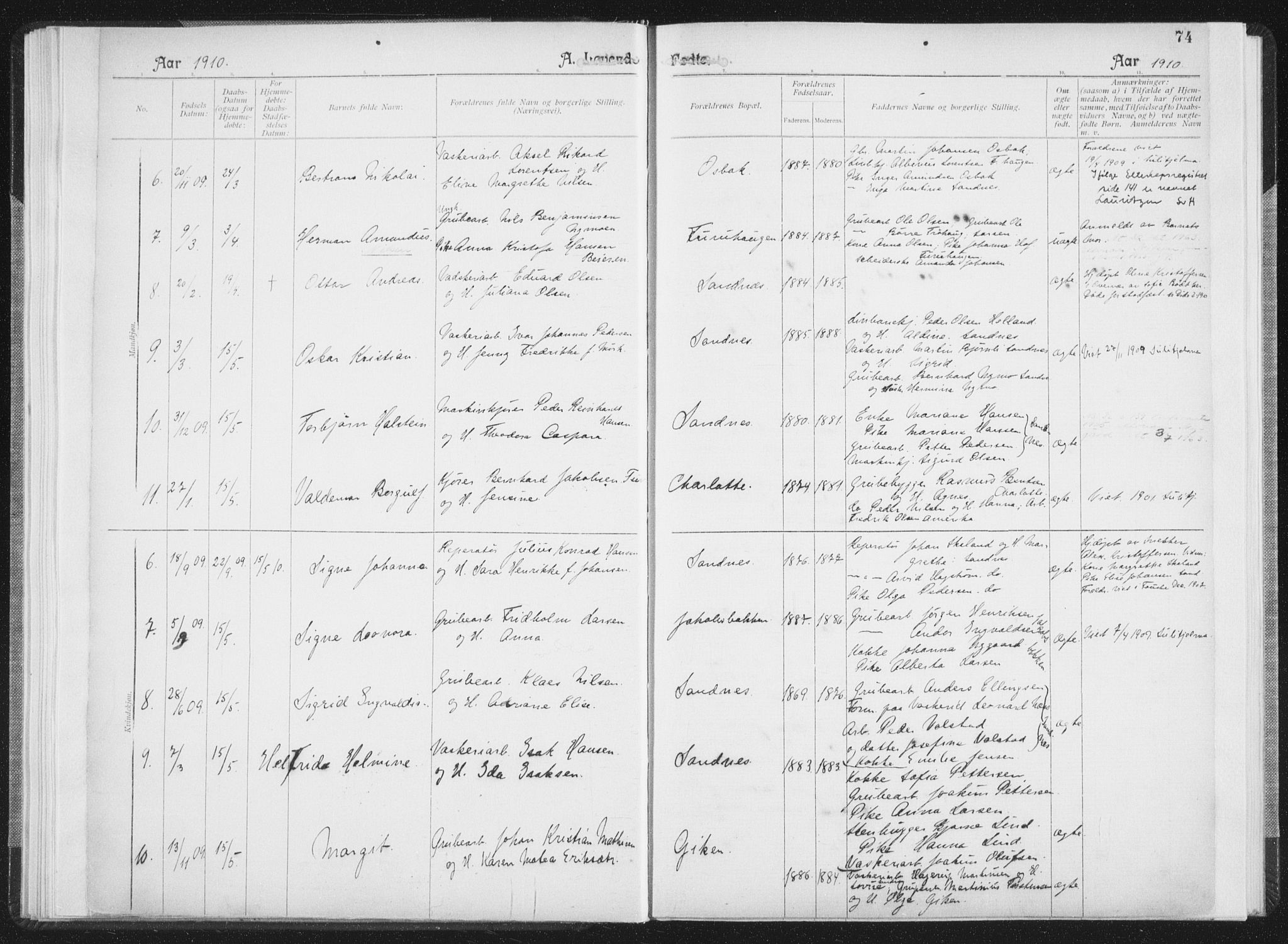 Ministerialprotokoller, klokkerbøker og fødselsregistre - Nordland, AV/SAT-A-1459/850/L0711: Curate's parish register no. 850B01, 1902-1915, p. 74