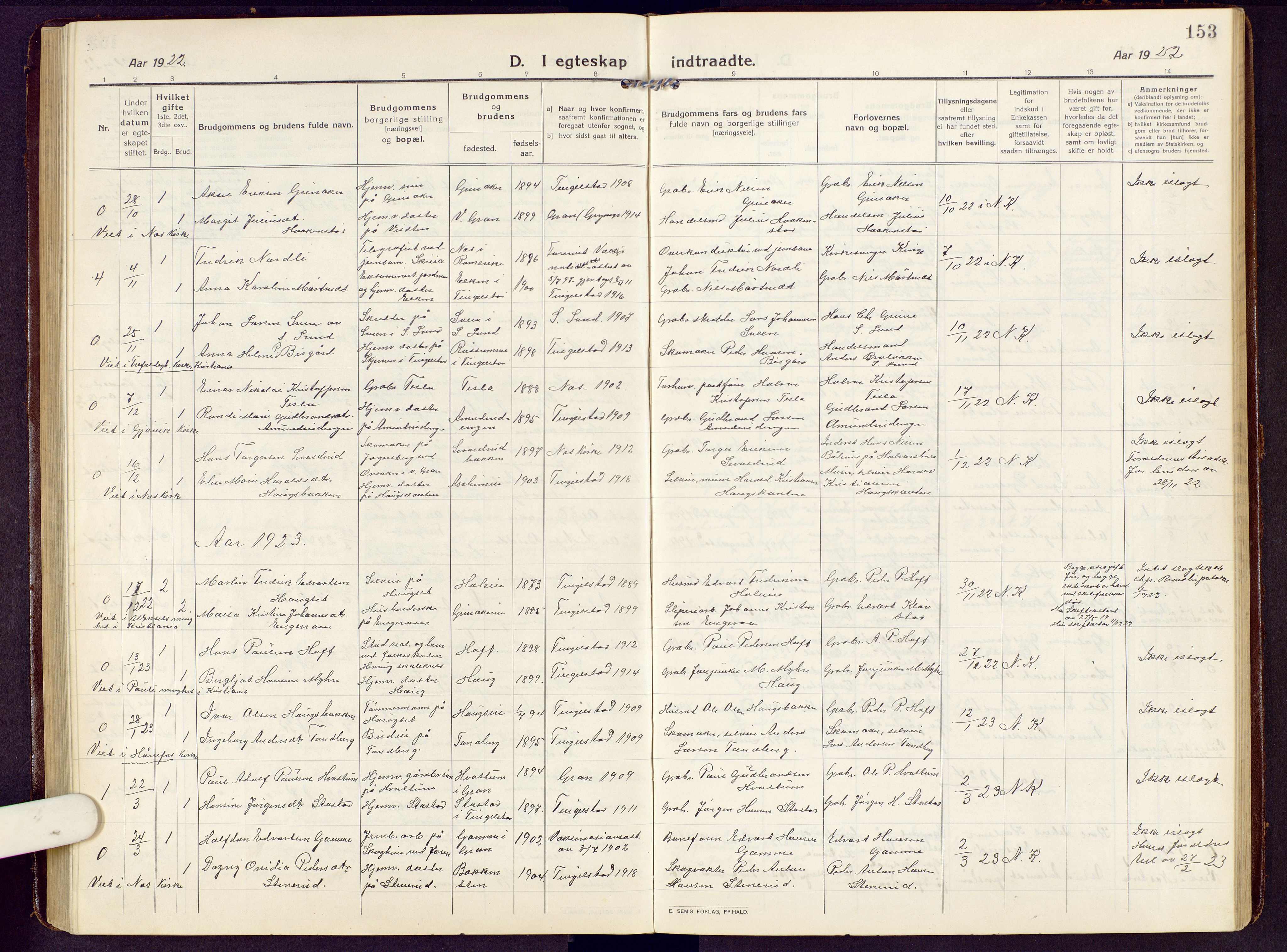 Brandbu prestekontor, SAH/PREST-114/H/Ha/Hab/L0010: Parish register (copy) no. 10, 1916-1930, p. 153