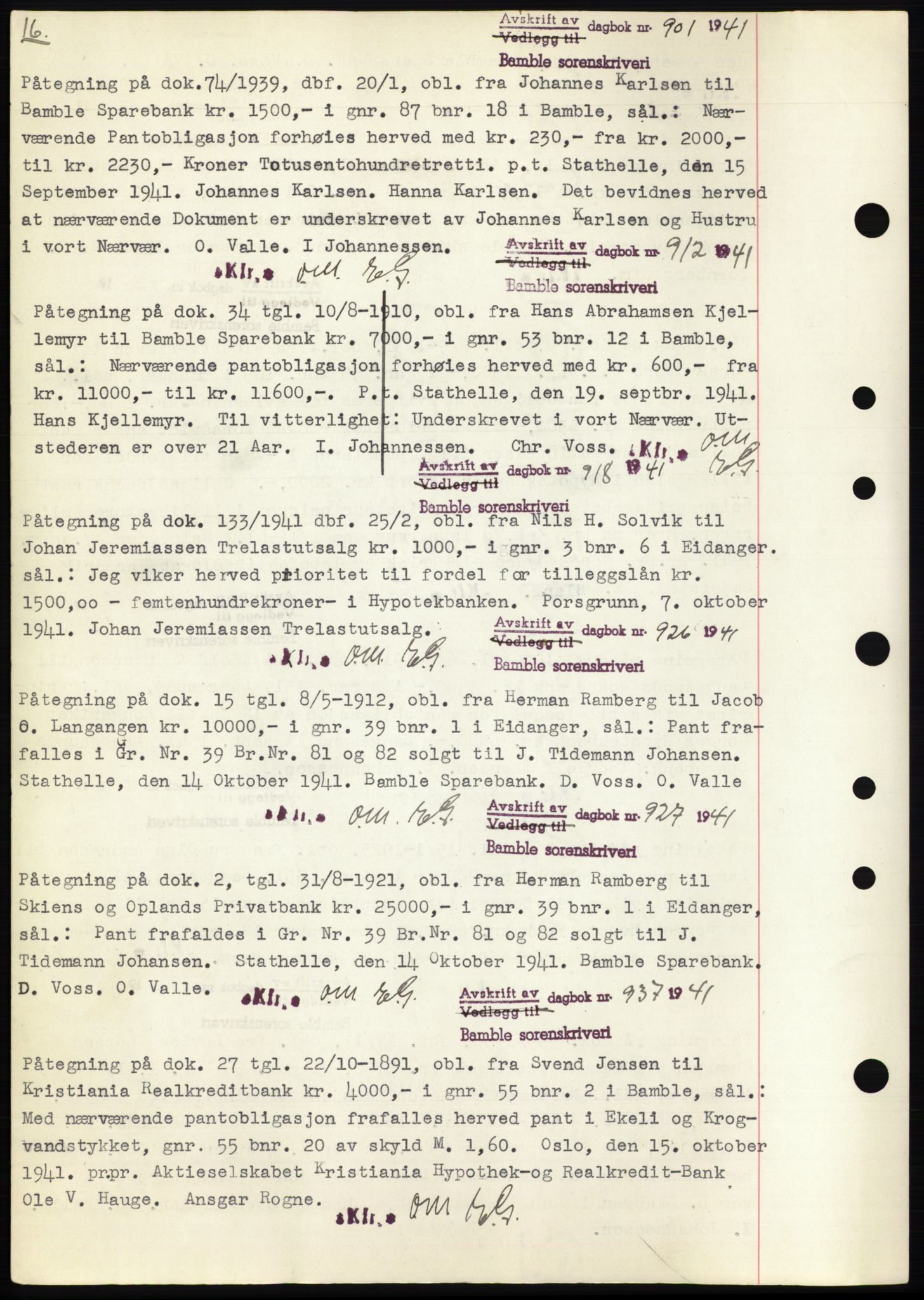 Bamble sorenskriveri, AV/SAKO-A-214/G/Ga/Gai/L0002: Mortgage book no. C-2, 1939-1951, Diary no: : 901/1941