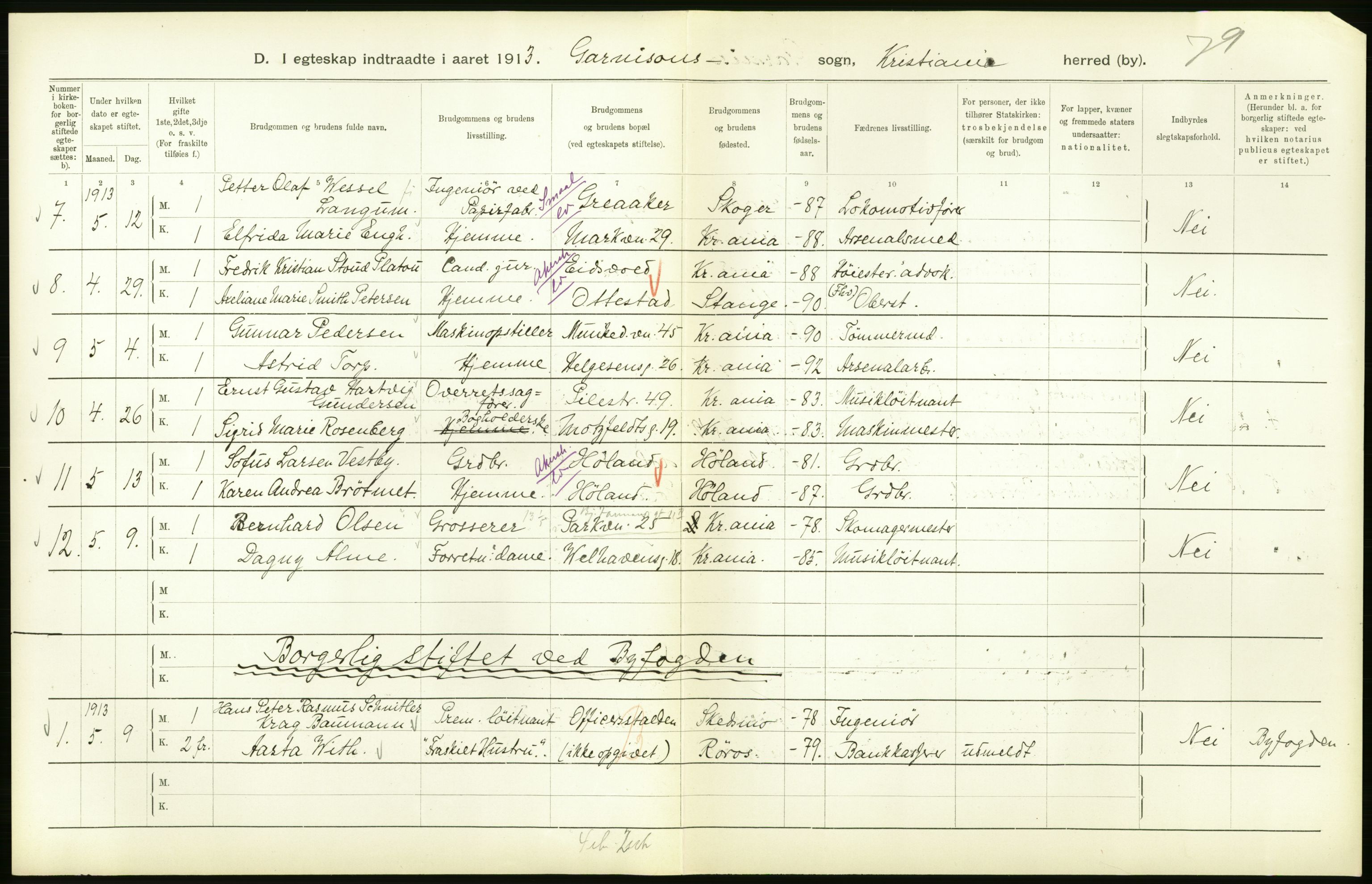 Statistisk sentralbyrå, Sosiodemografiske emner, Befolkning, AV/RA-S-2228/D/Df/Dfb/Dfbc/L0008: Kristiania: Gifte., 1913, p. 180