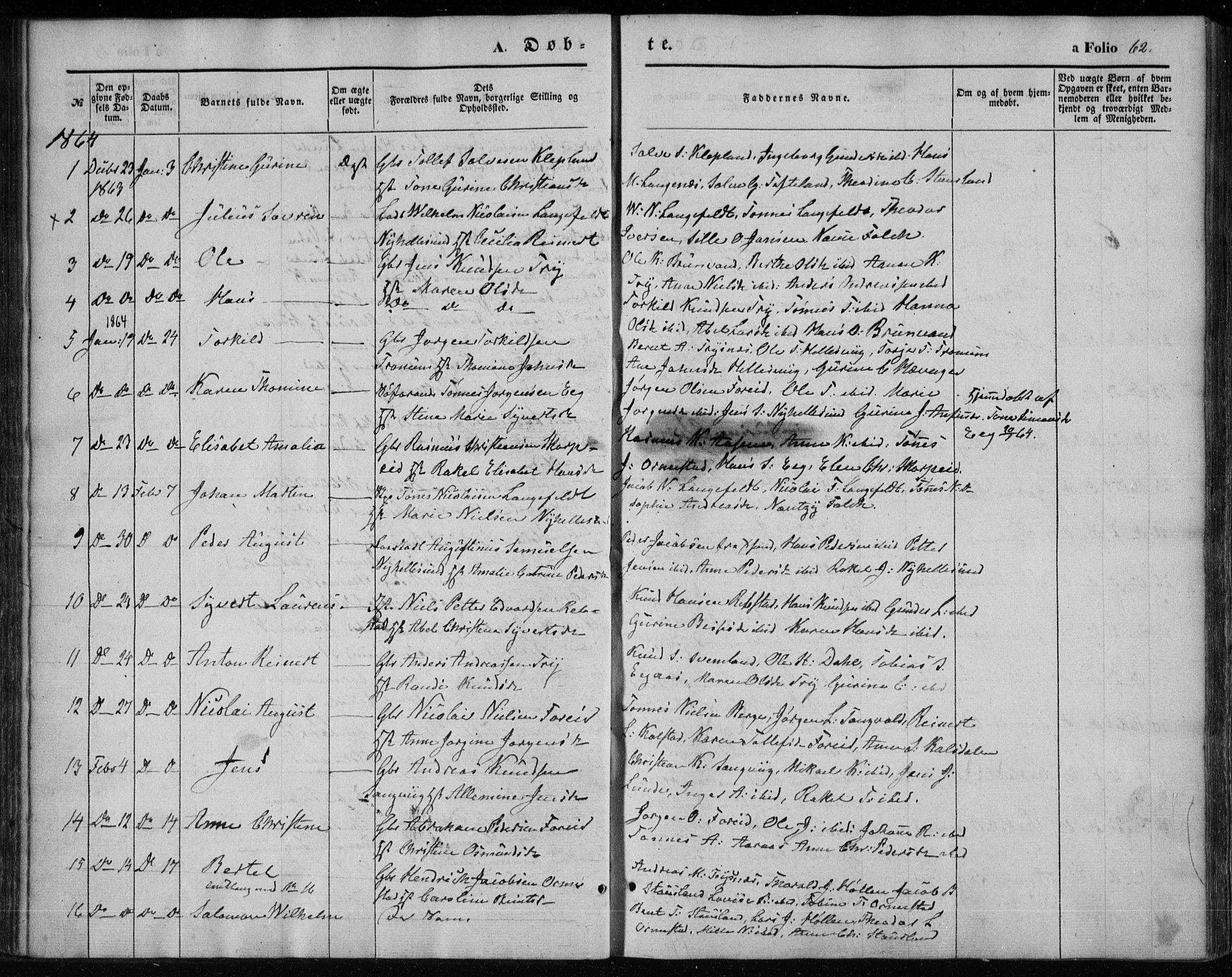 Søgne sokneprestkontor, SAK/1111-0037/F/Fa/Fab/L0010: Parish register (official) no. A 10, 1853-1869, p. 62
