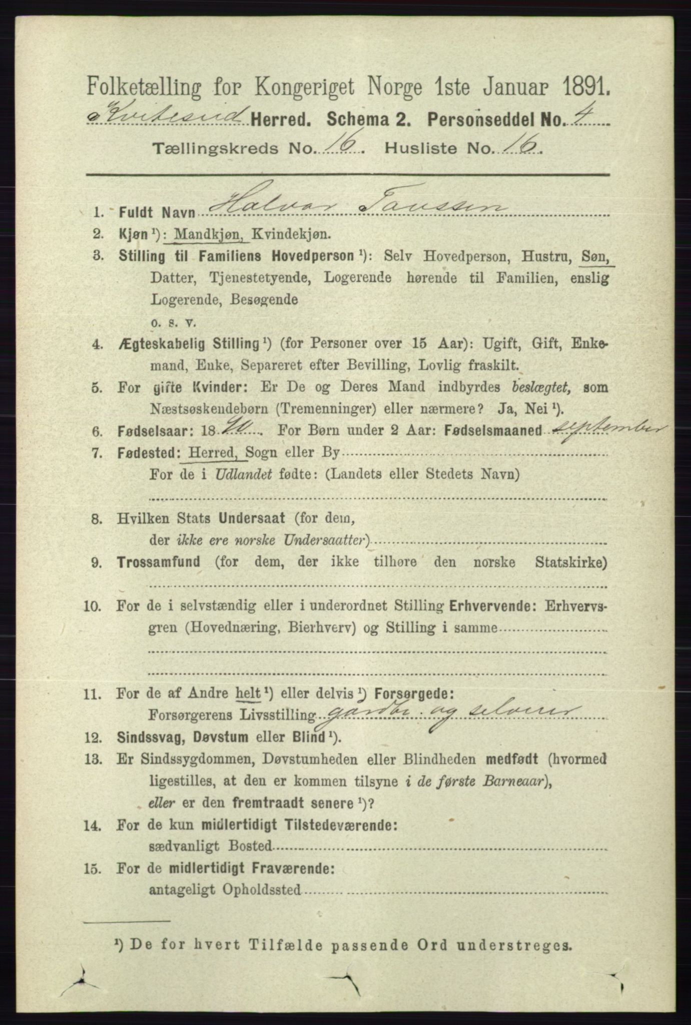 RA, 1891 census for 0829 Kviteseid, 1891, p. 3736