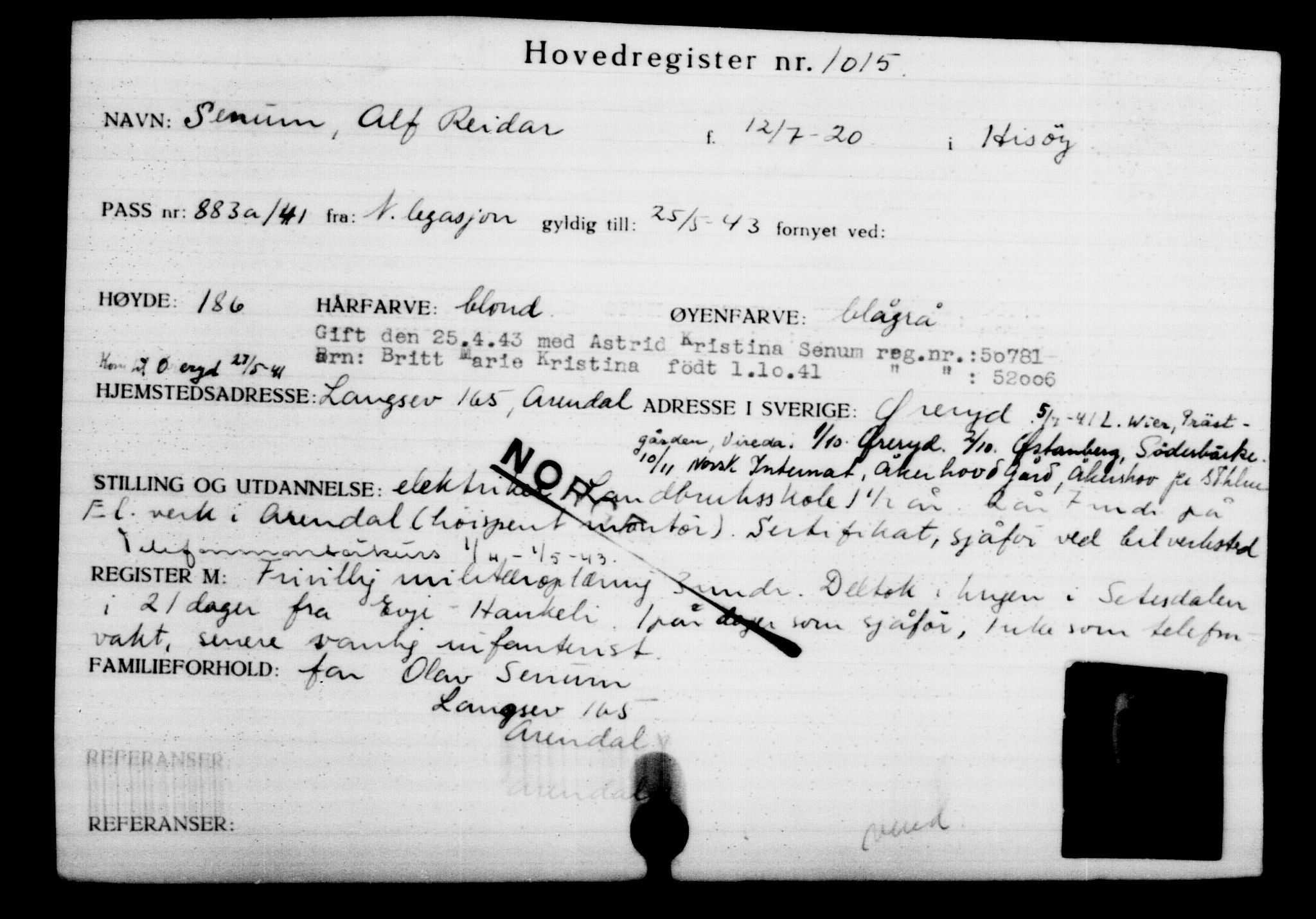 Utenriksstasjonene, Legasjonen i Stockholm, Flyktningkontoret, AV/RA-S-6753/V/Va/L0002: Kjesäterkartoteket, flyktninger med registreringsnr. 1001-2000, 1940-1945, p. 24