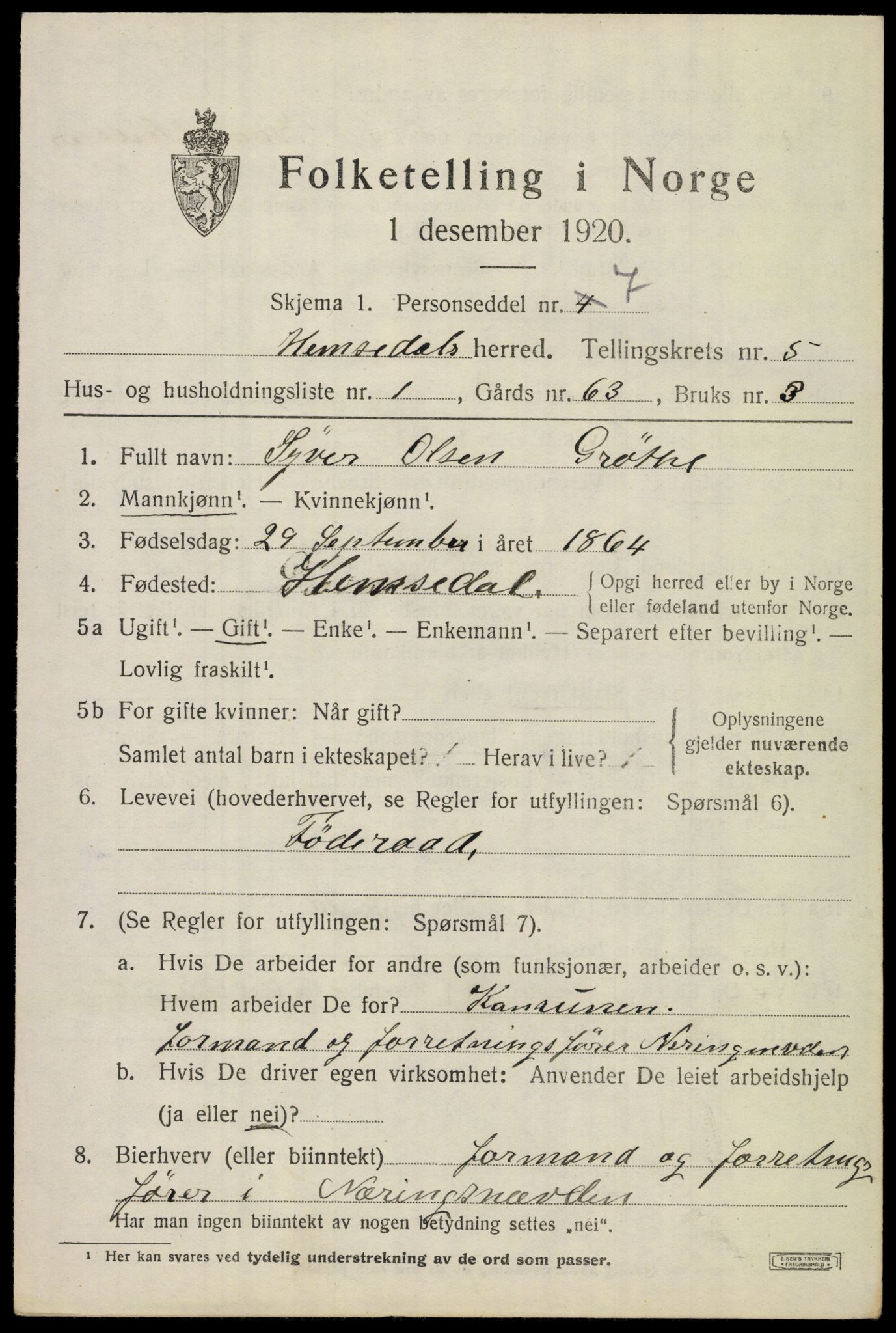 SAKO, 1920 census for Hemsedal, 1920, p. 1752