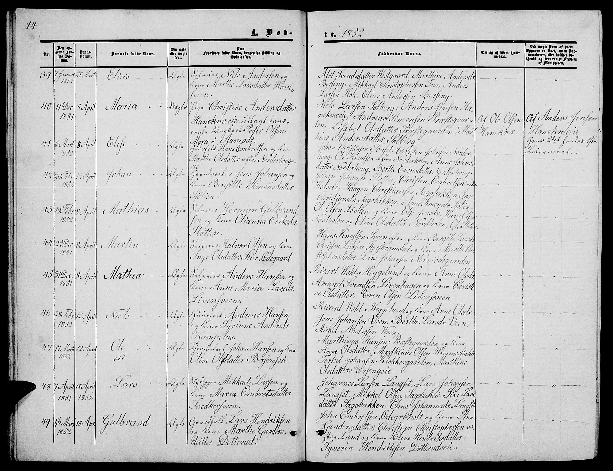 Løten prestekontor, SAH/PREST-022/L/La/L0003: Parish register (copy) no. 3, 1850-1862, p. 14