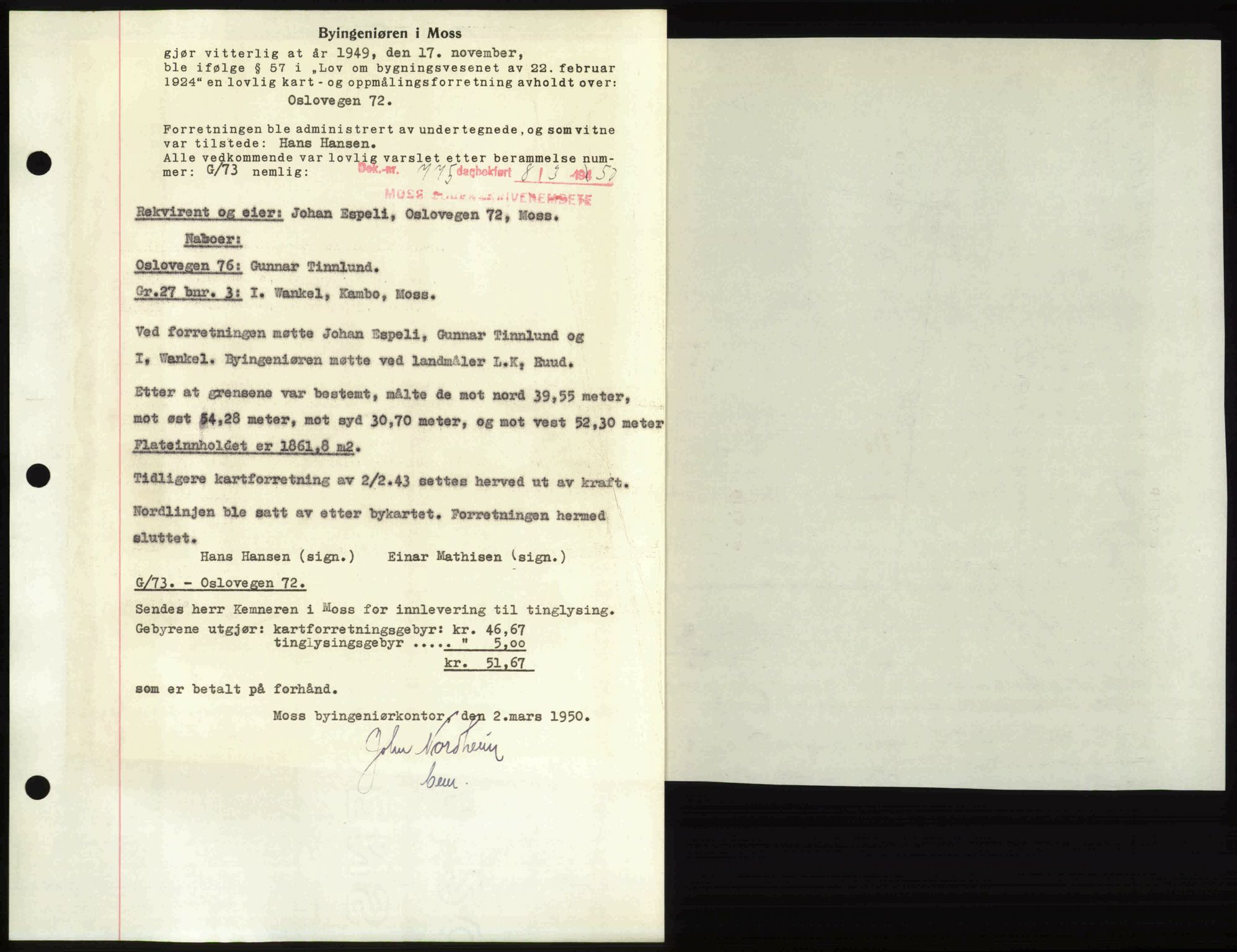 Moss sorenskriveri, SAO/A-10168: Mortgage book no. A25, 1950-1950, Diary no: : 775/1950