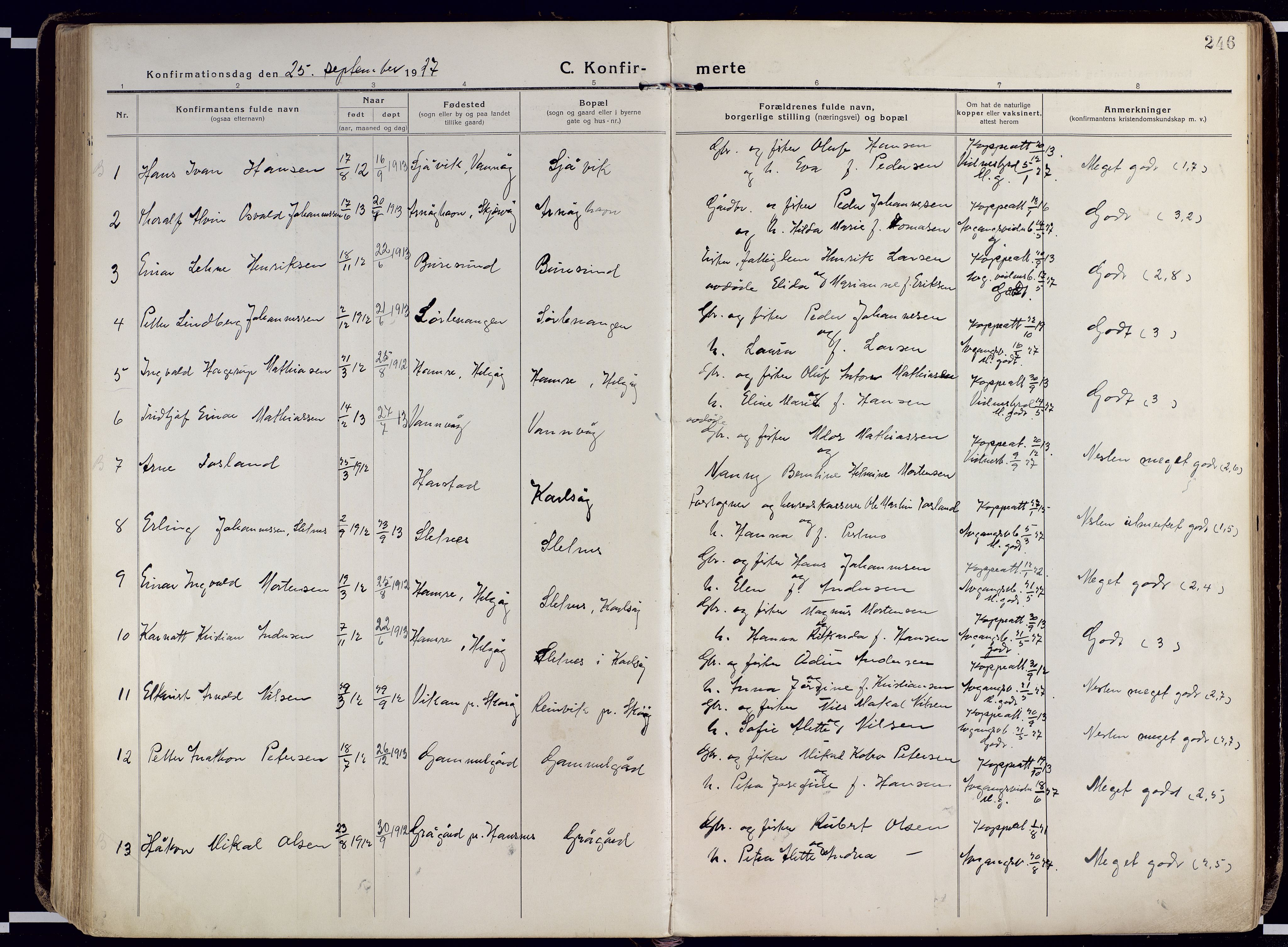 Karlsøy sokneprestembete, AV/SATØ-S-1299/H/Ha/Haa/L0015kirke: Parish register (official) no. 15, 1918-1929, p. 246