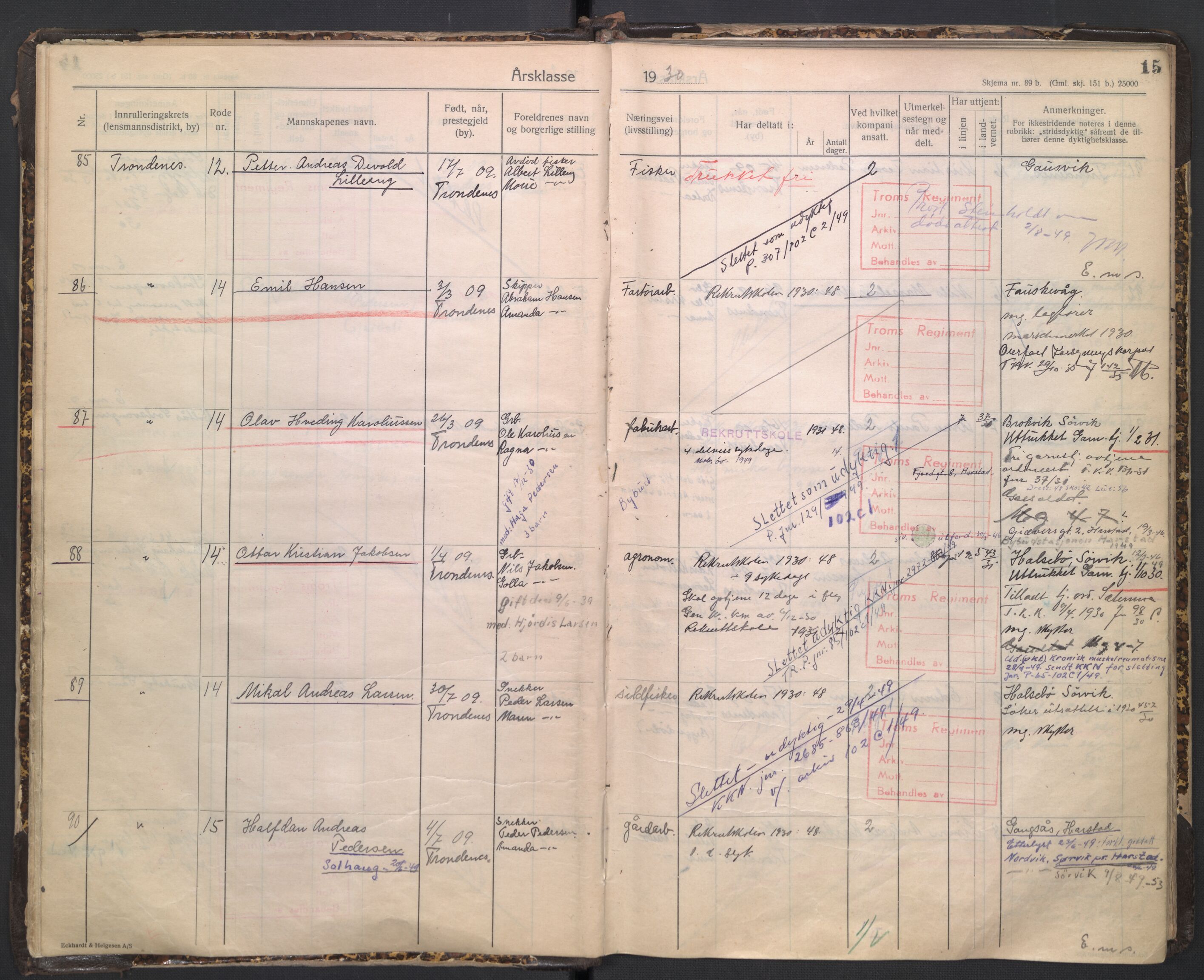 Forsvaret, Troms infanteriregiment nr. 16, AV/RA-RAFA-3146/P/Pa/L0005/0003: Ruller / Rulle for regimentets stridende menige mannskaper, årsklasse 1930, 1930, p. 15