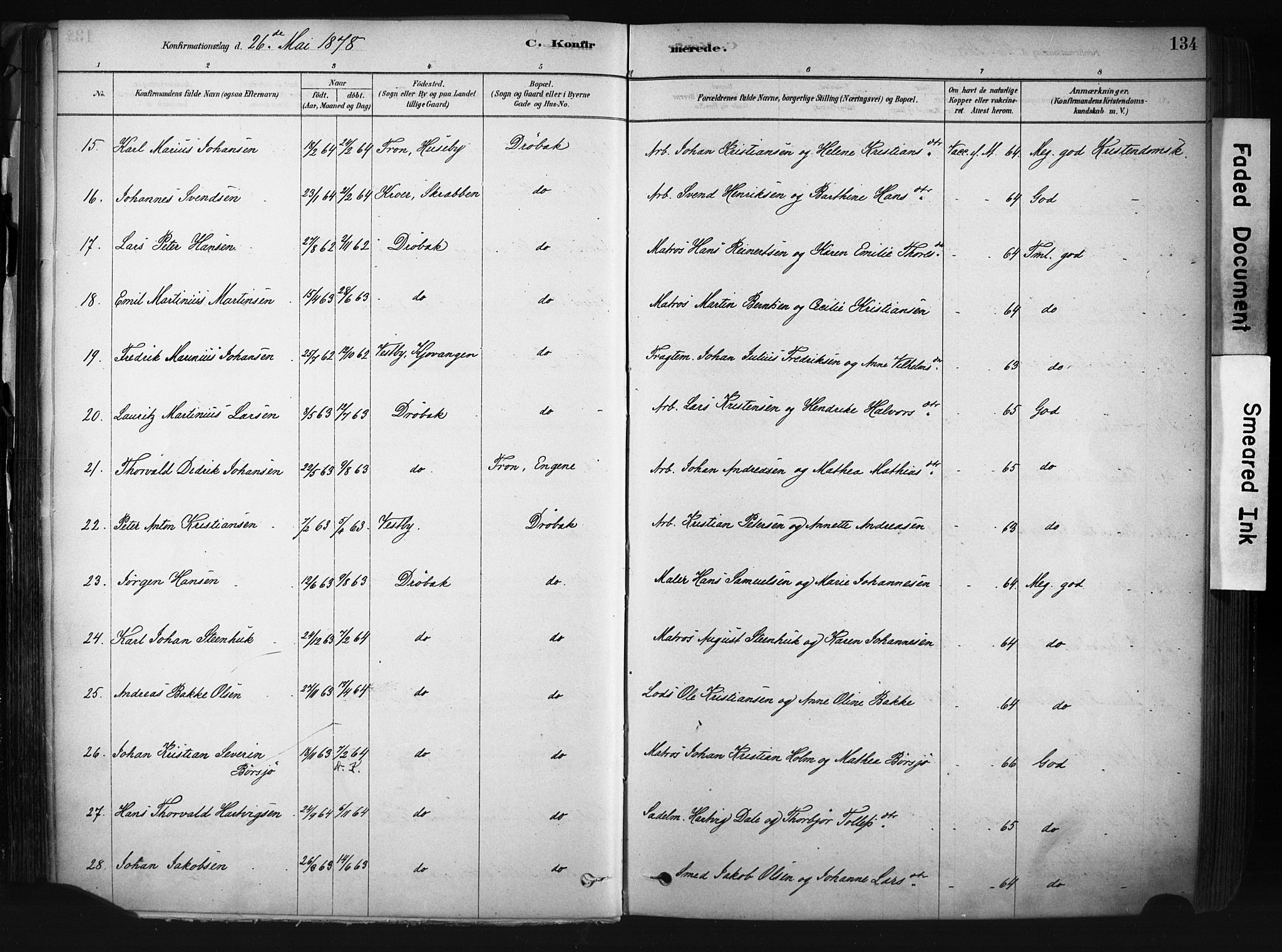 Drøbak prestekontor Kirkebøker, AV/SAO-A-10142a/F/Fb/L0001: Parish register (official) no. II 1, 1878-1891, p. 134