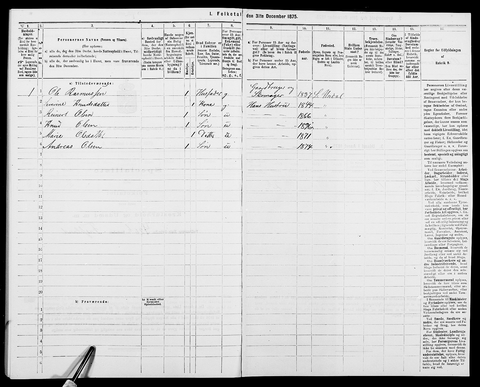 SAK, 1875 census for 1029P Sør-Audnedal, 1875, p. 610