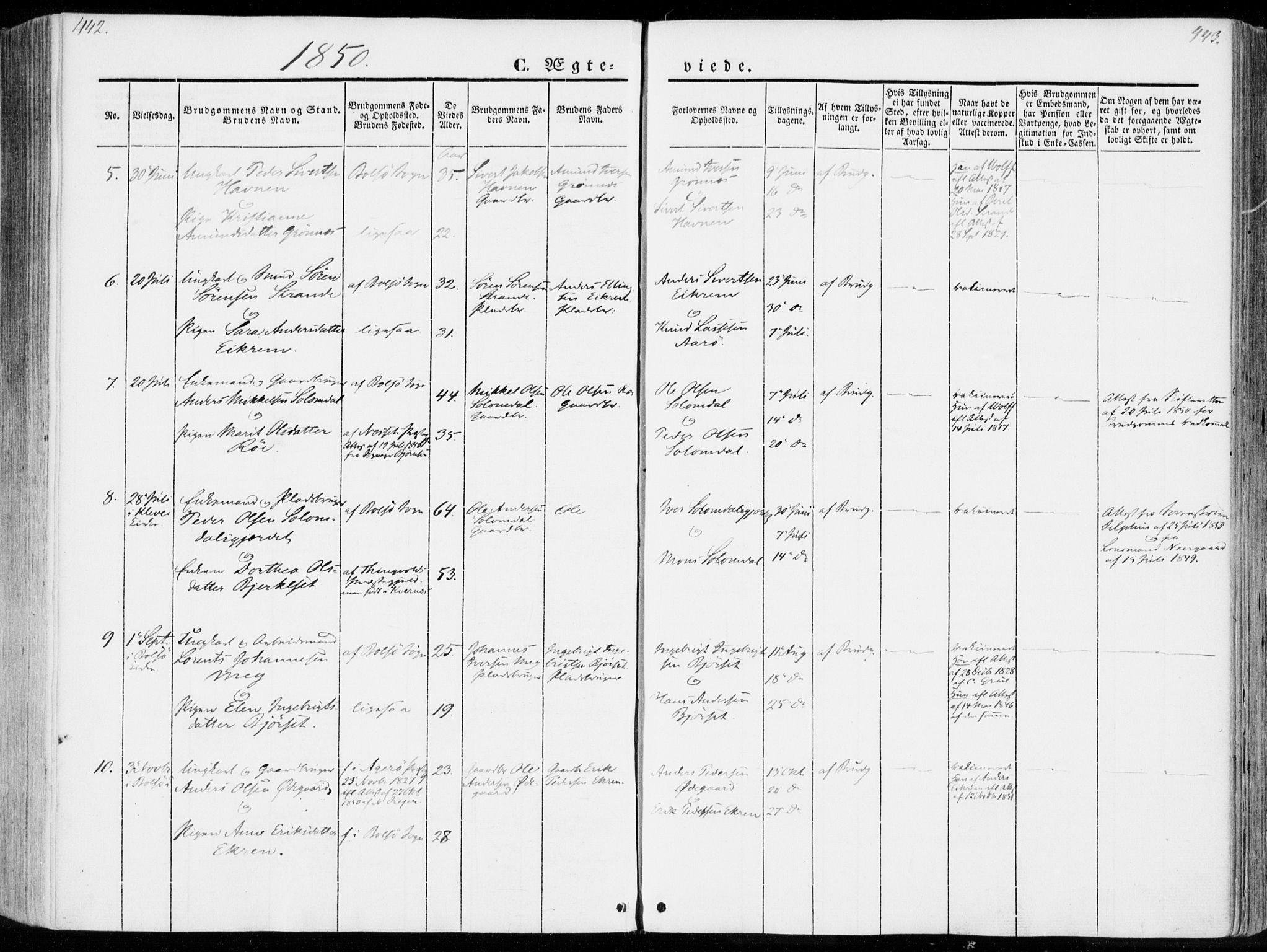 Ministerialprotokoller, klokkerbøker og fødselsregistre - Møre og Romsdal, SAT/A-1454/555/L0653: Parish register (official) no. 555A04, 1843-1869, p. 442-443