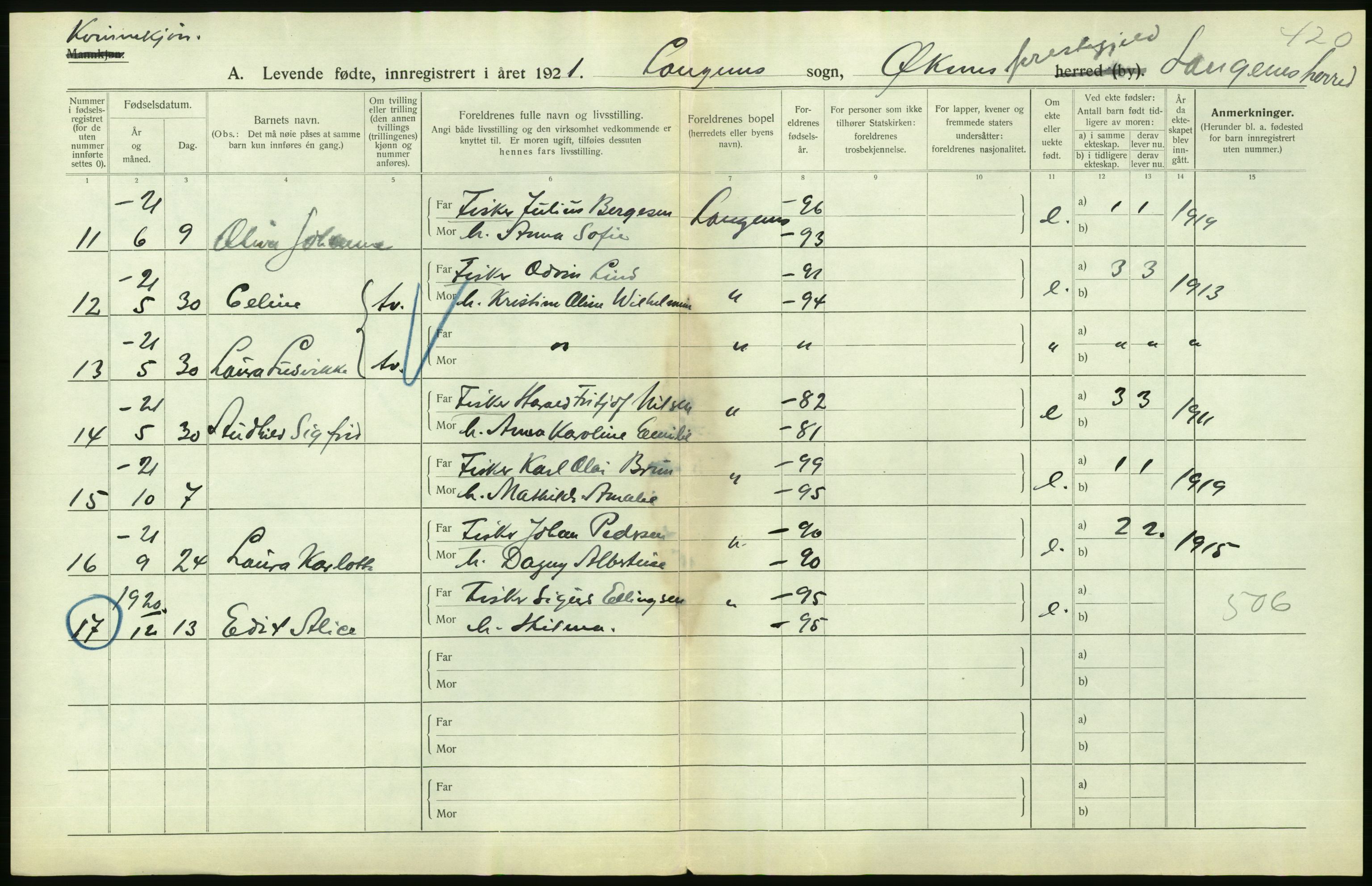 Statistisk sentralbyrå, Sosiodemografiske emner, Befolkning, AV/RA-S-2228/D/Df/Dfc/Dfca/L0049: Nordland fylke: Levendefødte menn og kvinner. Bygder., 1921, p. 428