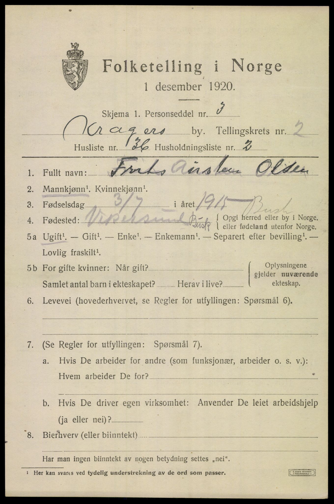 SAKO, 1920 census for Kragerø, 1920, p. 5787