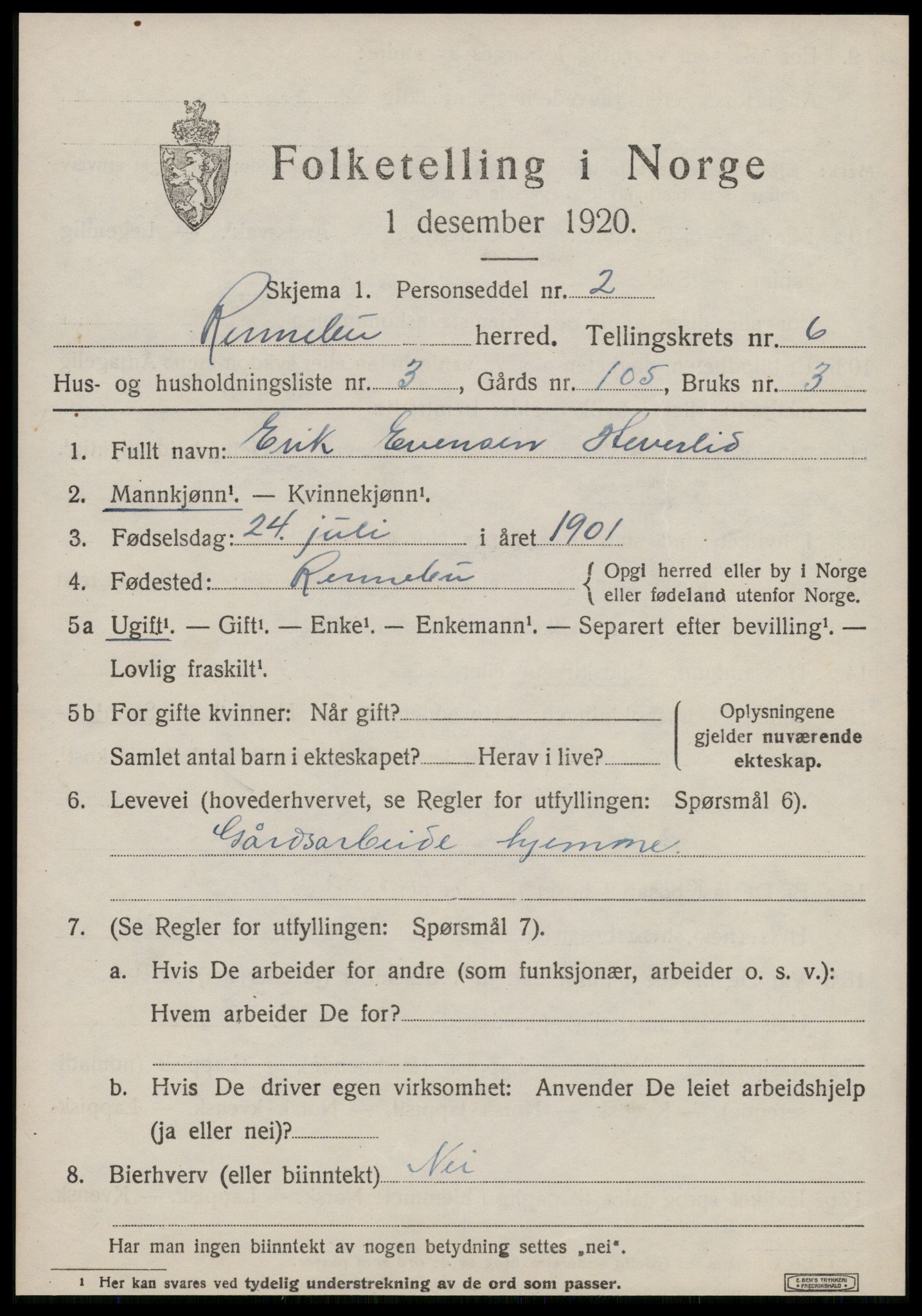 SAT, 1920 census for Rennebu, 1920, p. 4436