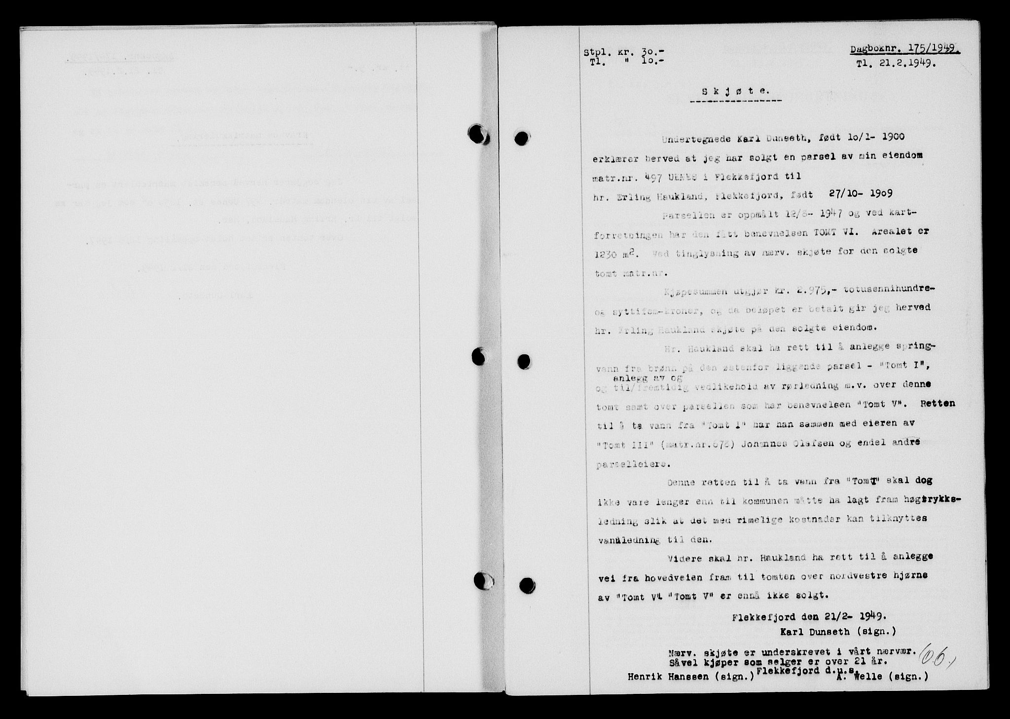 Flekkefjord sorenskriveri, SAK/1221-0001/G/Gb/Gba/L0064: Mortgage book no. A-12, 1948-1949, Diary no: : 175/1949
