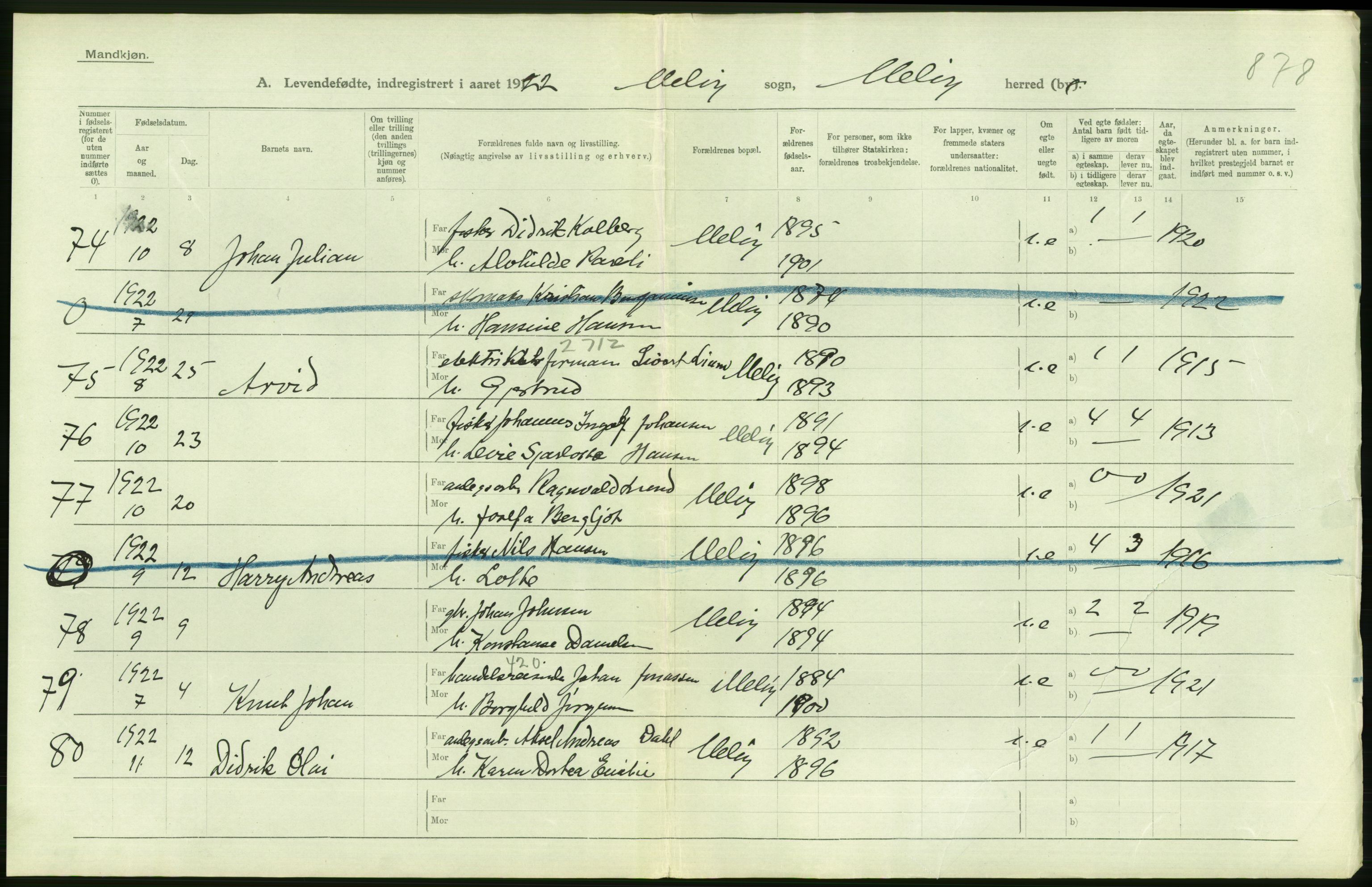 Statistisk sentralbyrå, Sosiodemografiske emner, Befolkning, RA/S-2228/D/Df/Dfc/Dfcb/L0044: Nordland fylke: Levendefødte menn og kvinner. Bygder og byer., 1922, p. 452