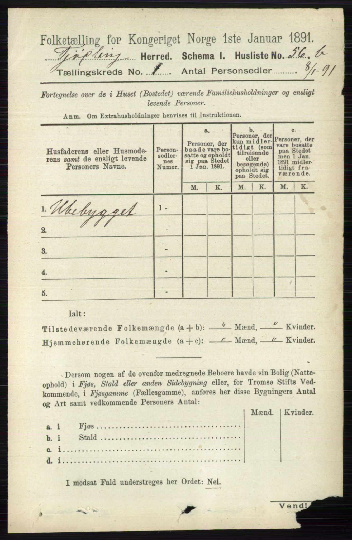 RA, 1891 census for 0725 Tjølling, 1891, p. 84