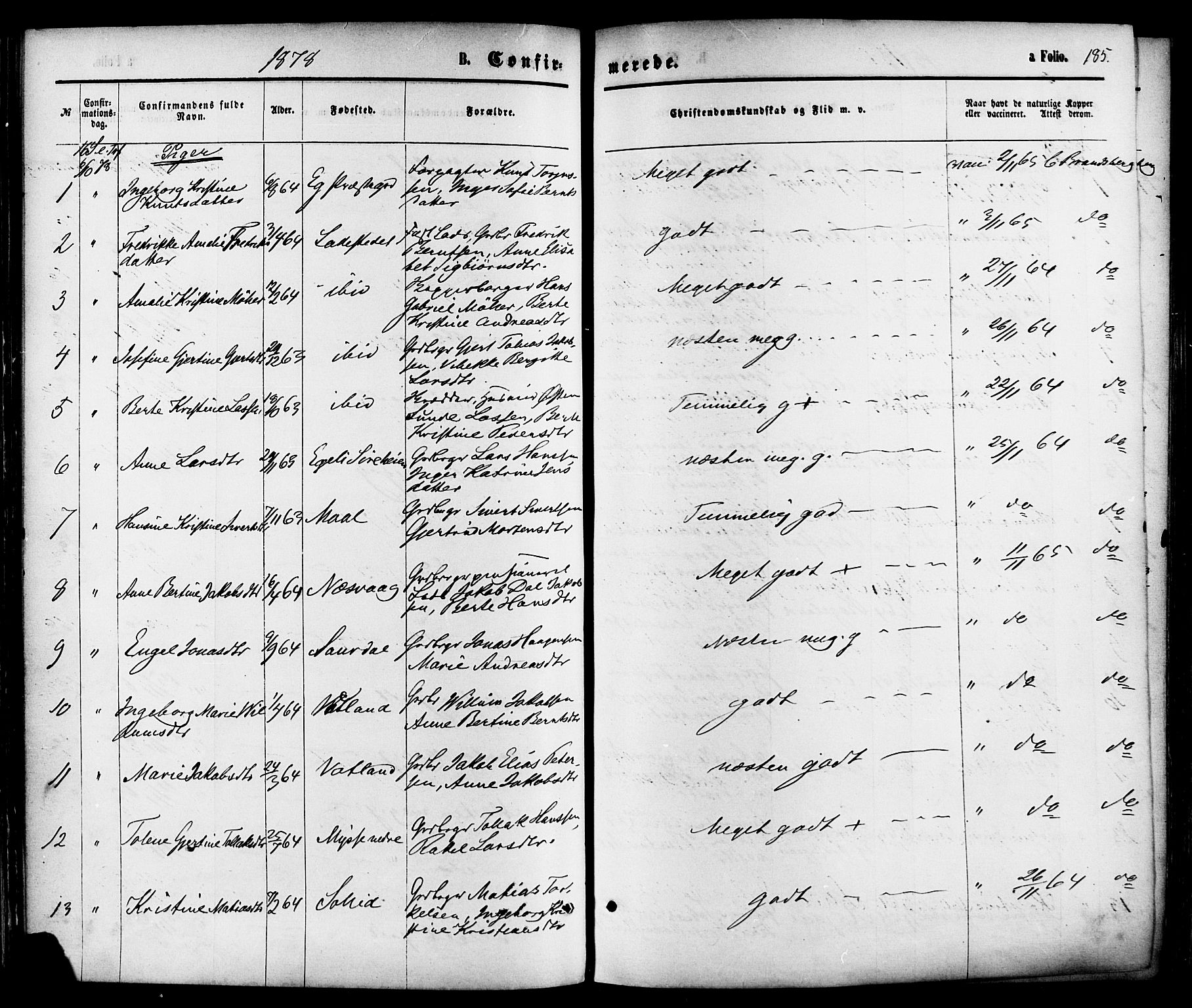 Sokndal sokneprestkontor, AV/SAST-A-101808: Parish register (official) no. A 10, 1874-1886, p. 185