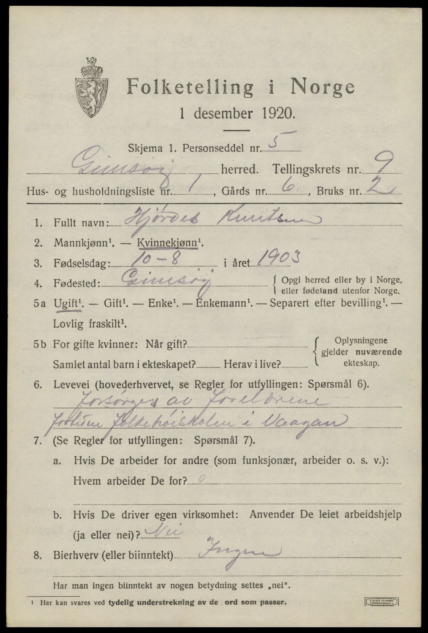 SAT, 1920 census for Gimsøy, 1920, p. 3561