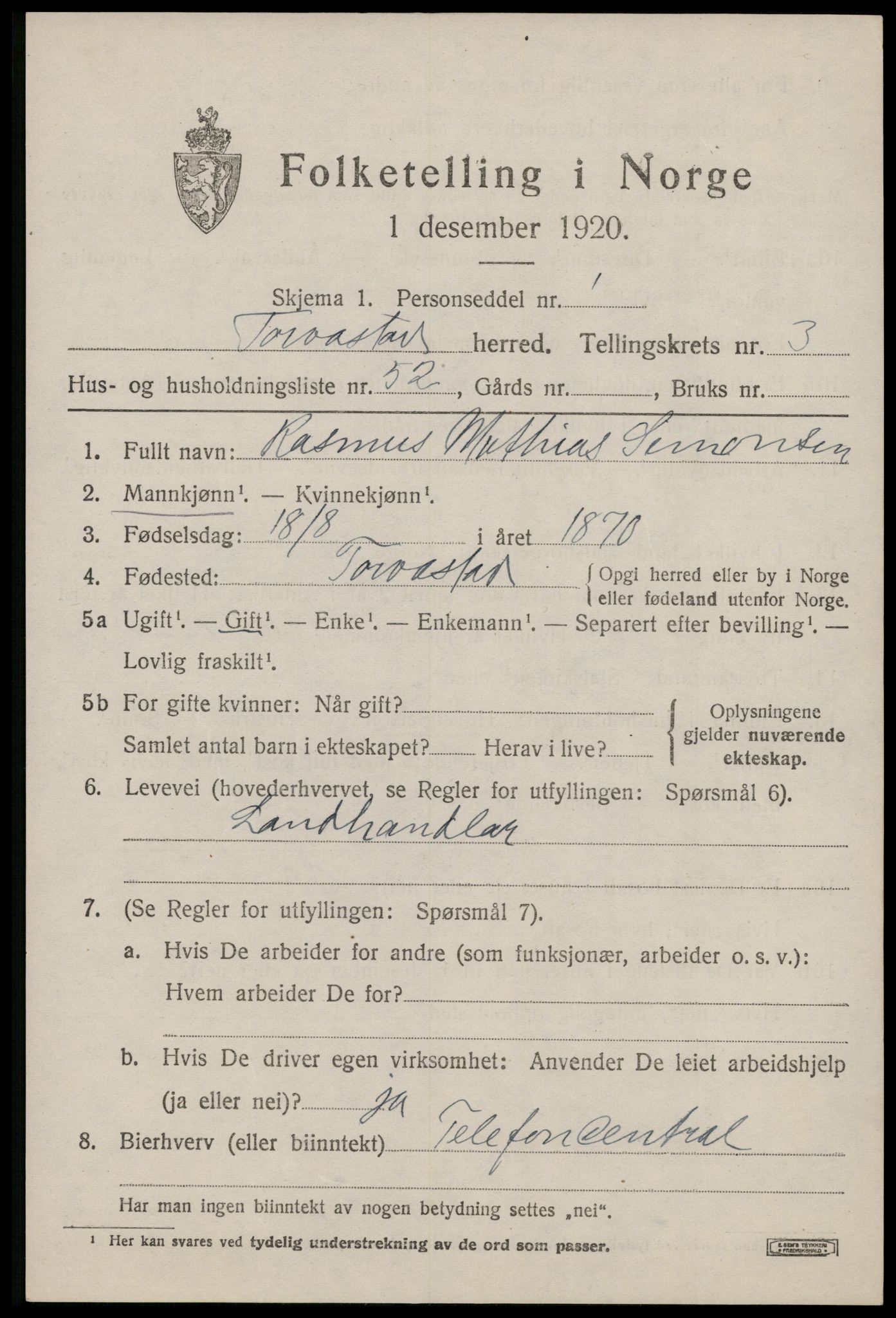 SAST, 1920 census for Torvastad, 1920, p. 3506