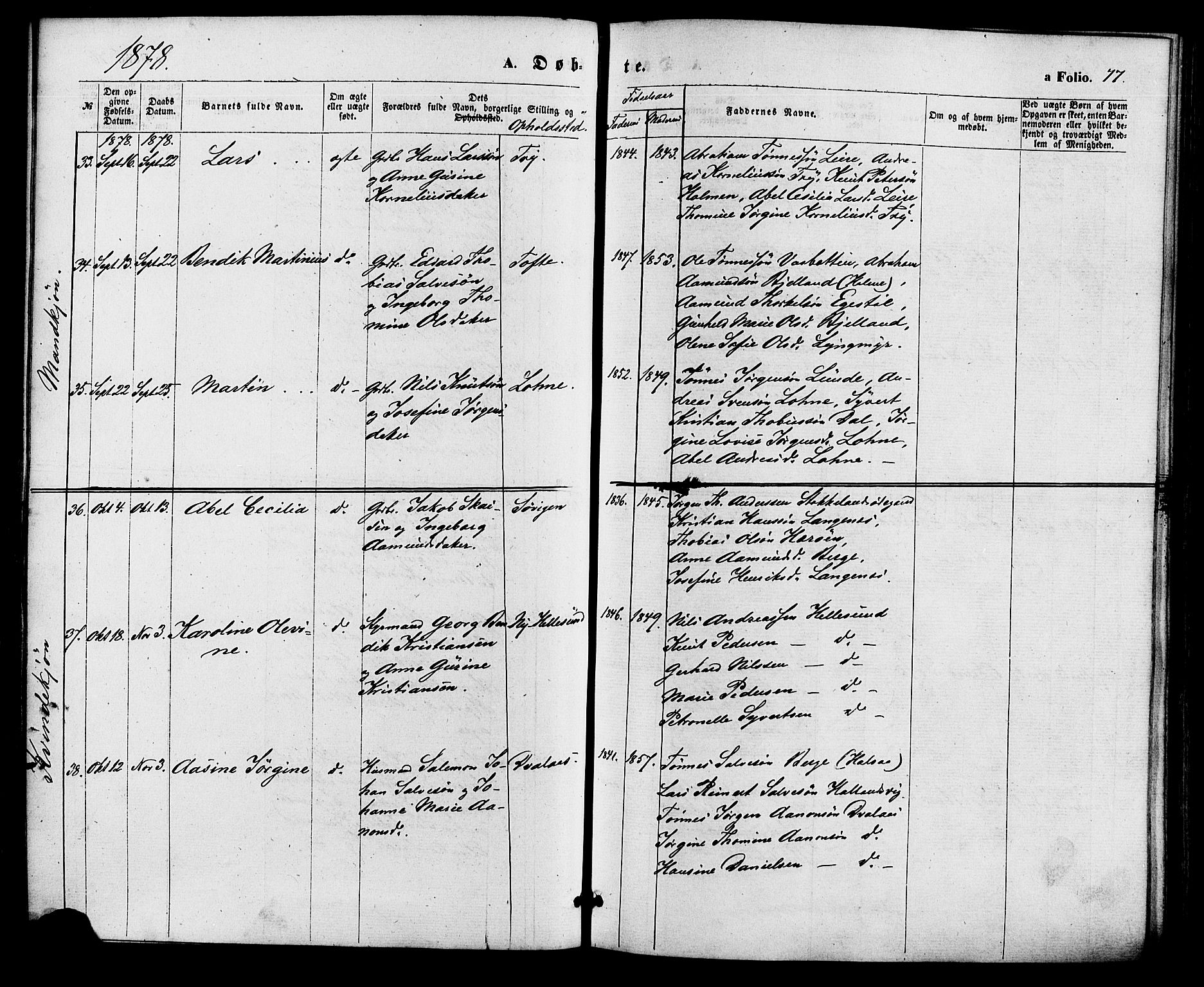 Søgne sokneprestkontor, AV/SAK-1111-0037/F/Fa/Fab/L0011: Parish register (official) no. A 11, 1869-1879, p. 77