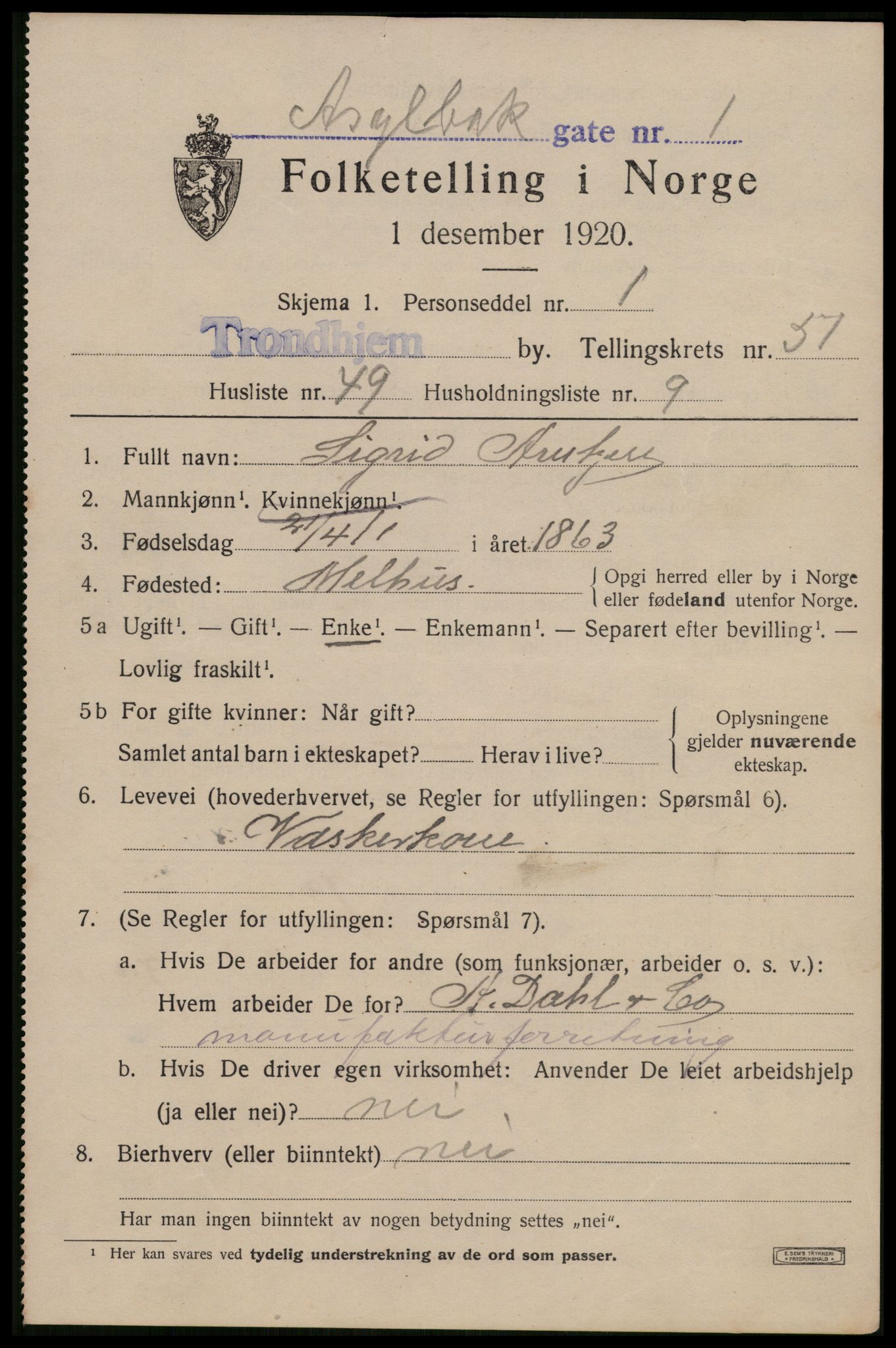 SAT, 1920 census for Trondheim, 1920, p. 106496
