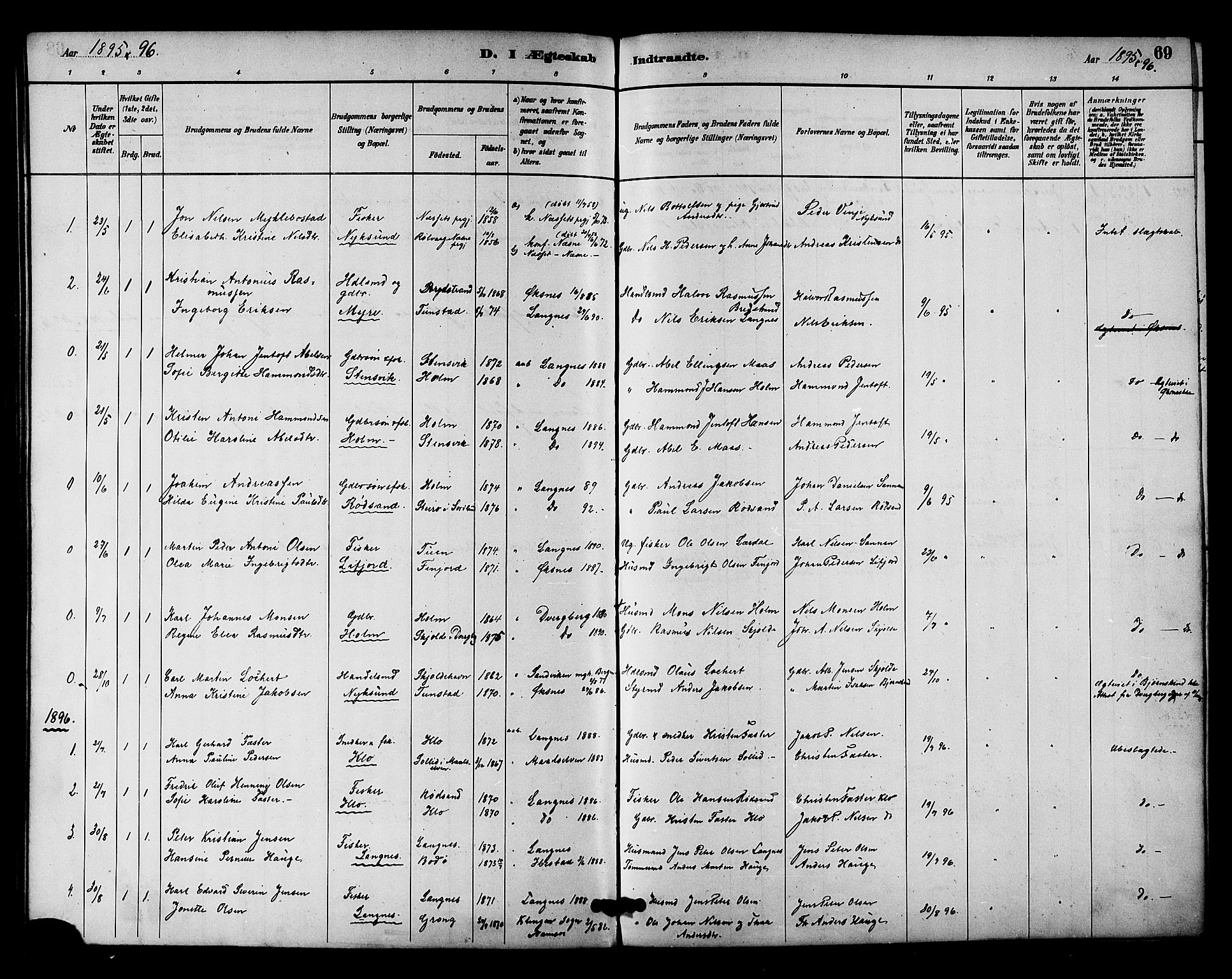 Ministerialprotokoller, klokkerbøker og fødselsregistre - Nordland, AV/SAT-A-1459/894/L1355: Parish register (official) no. 894A01, 1885-1896, p. 69