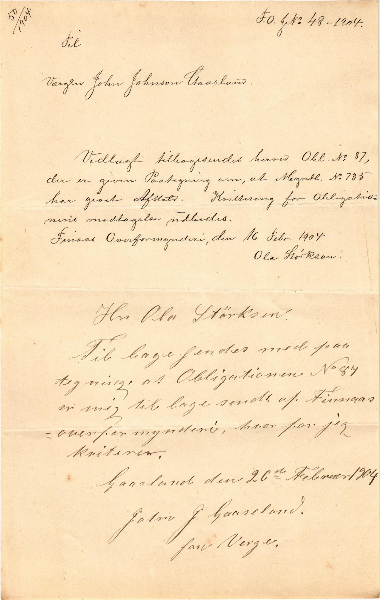 Finnaas kommune. Overformynderiet, IKAH/1218a-812/D/Da/Daa/L0002/0002: Kronologisk ordna korrespondanse / Kronologisk ordna korrespondanse, 1901-1904, p. 182