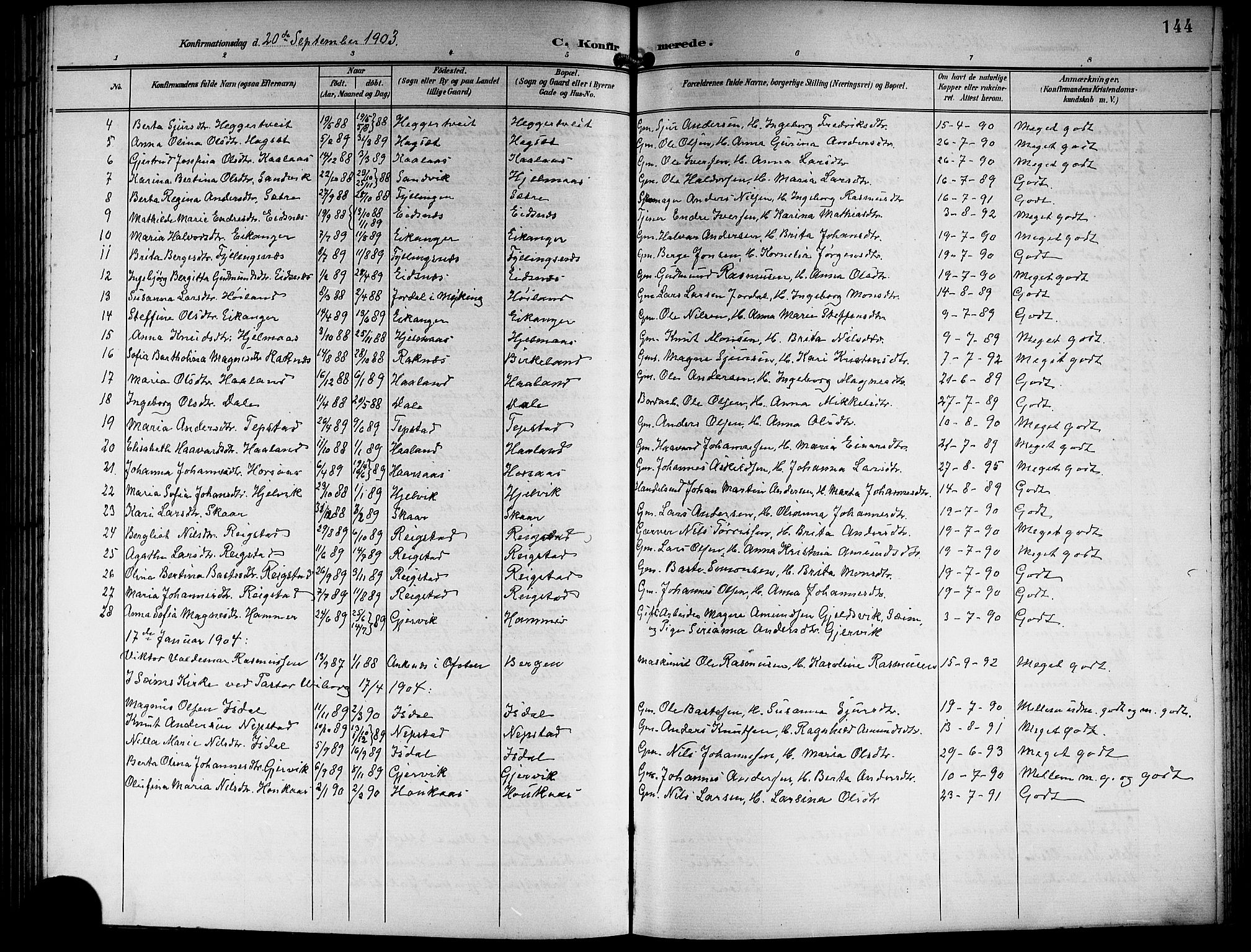 Hamre sokneprestembete, SAB/A-75501/H/Ha/Hab: Parish register (copy) no. B 4, 1898-1919, p. 144