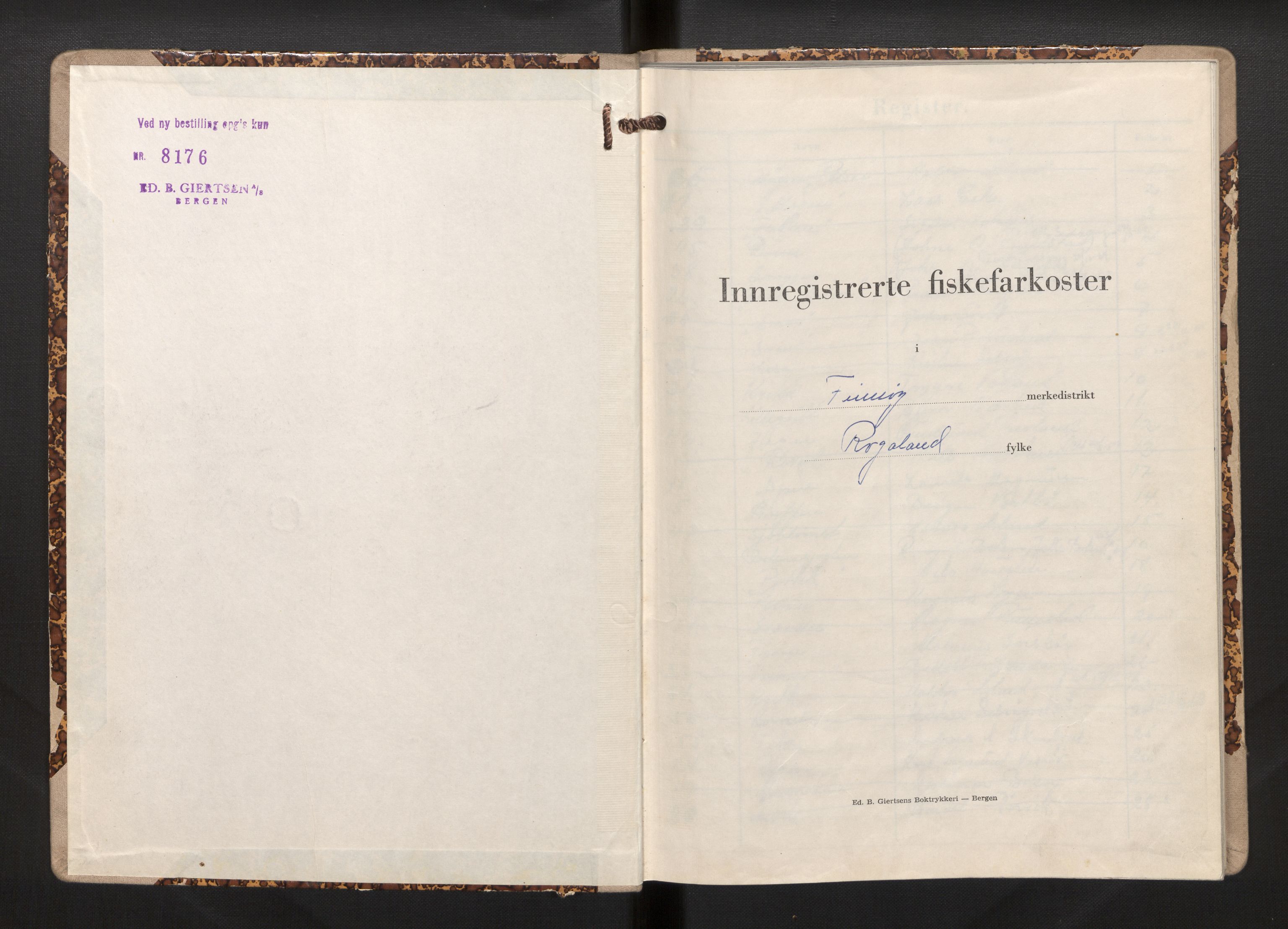 Fiskeridirektoratet - 1 Adm. ledelse - 13 Båtkontoret, AV/SAB-A-2003/I/Ia/Iai/L0018: 135.0905/3 Merkeprotokoll - Finnøy, 1954-1964