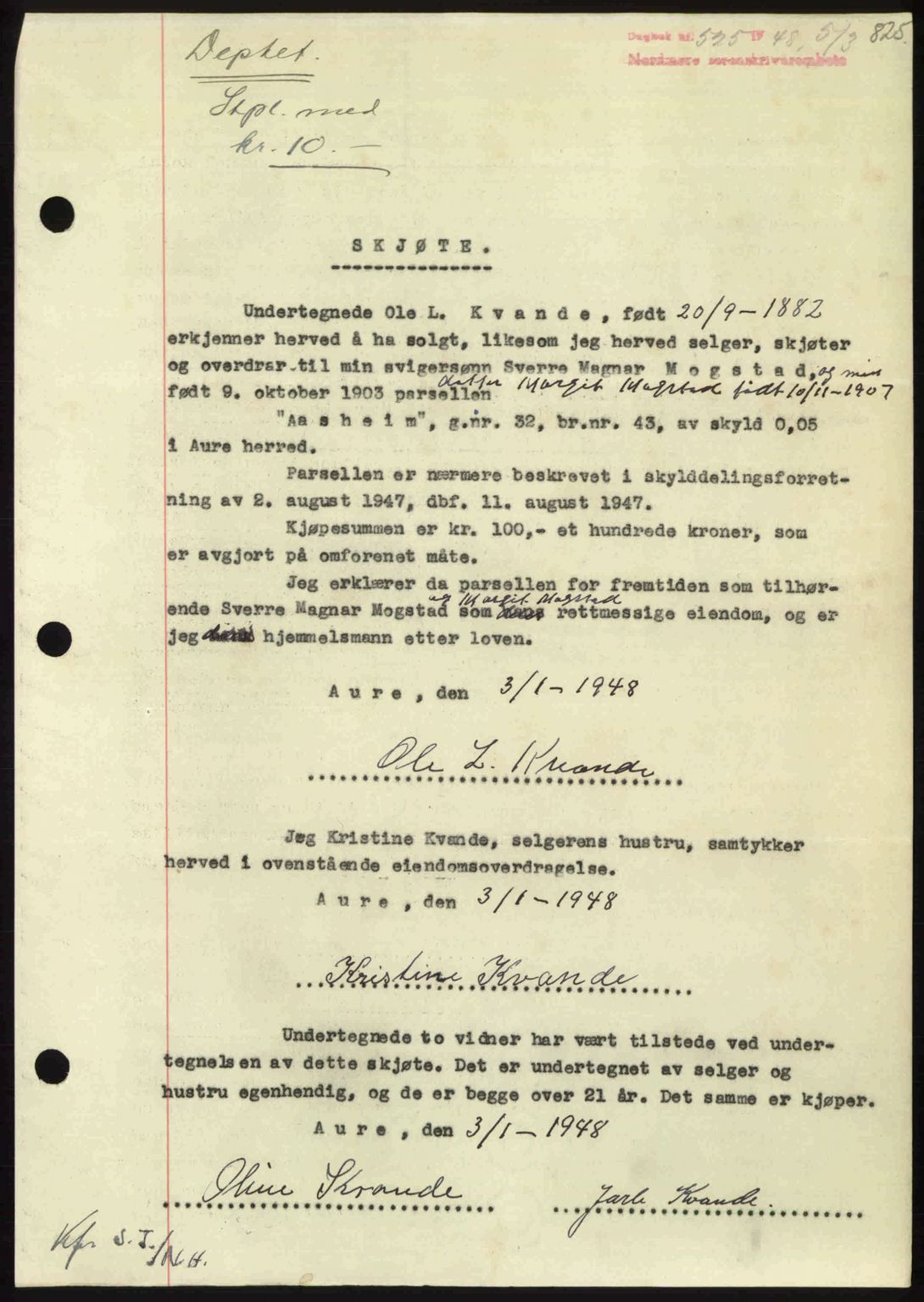 Nordmøre sorenskriveri, AV/SAT-A-4132/1/2/2Ca: Mortgage book no. A107, 1947-1948, Diary no: : 525/1948