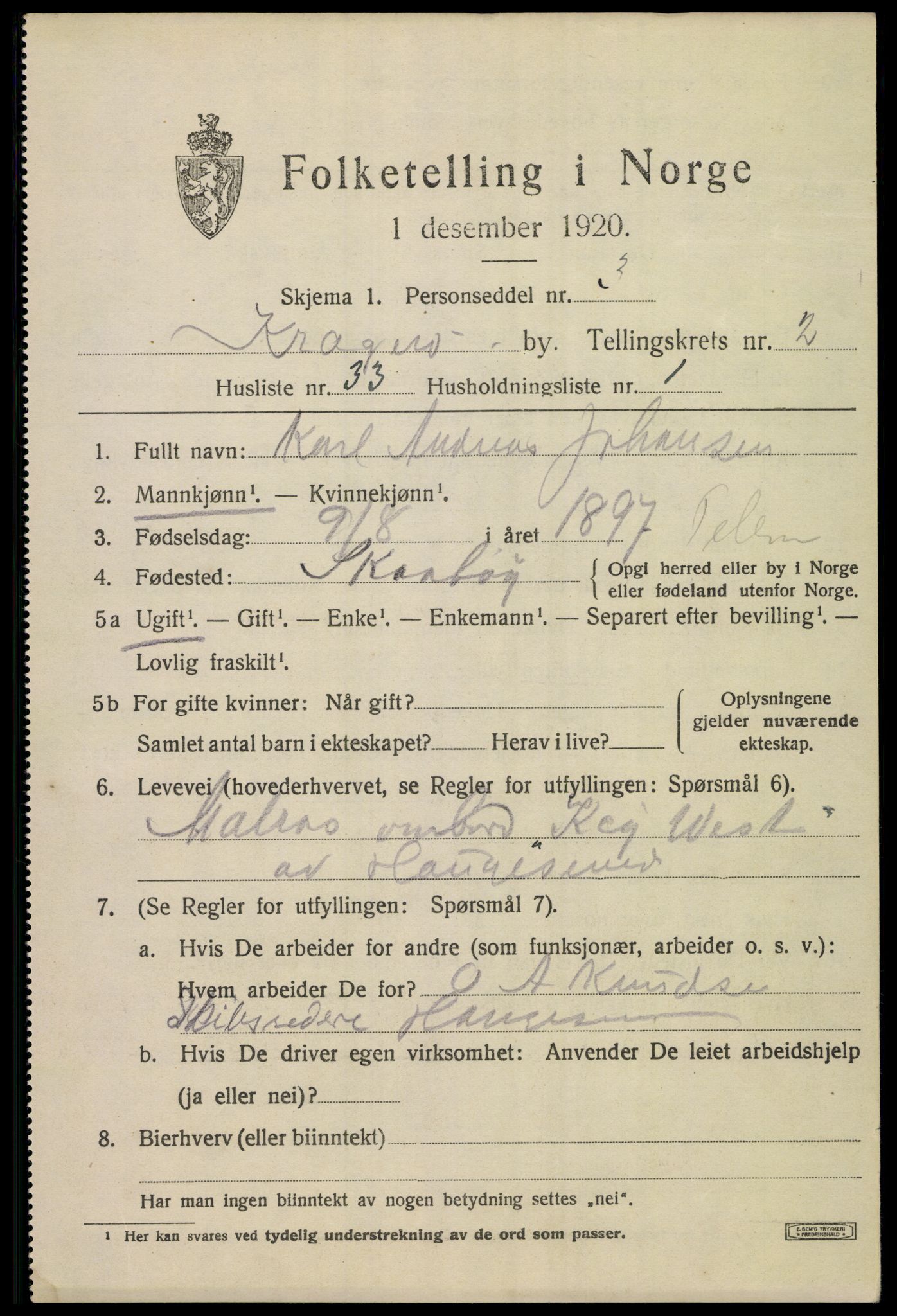SAKO, 1920 census for Kragerø, 1920, p. 5749