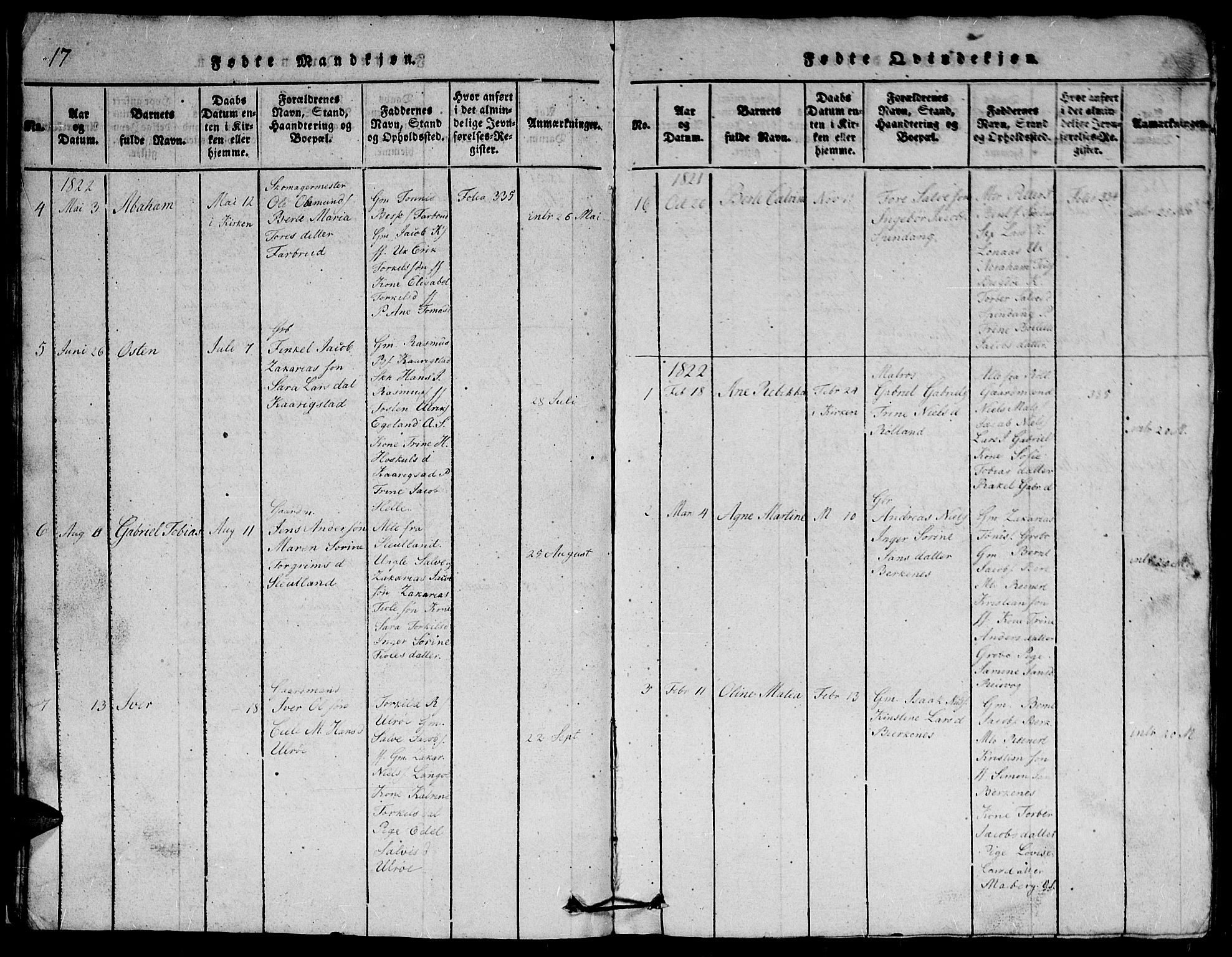 Herad sokneprestkontor, SAK/1111-0018/F/Fb/Fbb/L0001: Parish register (copy) no. B 1, 1815-1852, p. 17