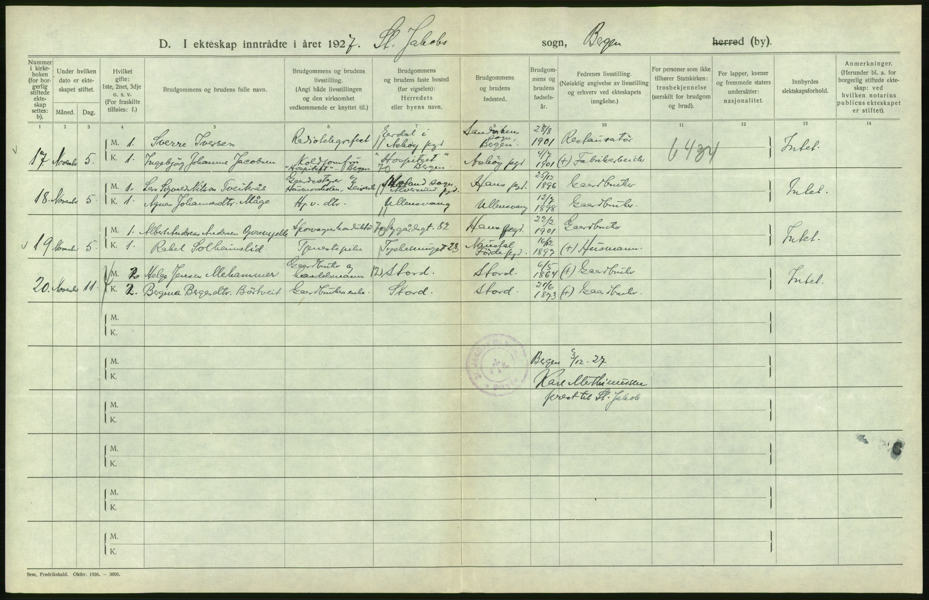 Statistisk sentralbyrå, Sosiodemografiske emner, Befolkning, AV/RA-S-2228/D/Df/Dfc/Dfcg/L0028: Bergen: Gifte, døde., 1927, p. 288