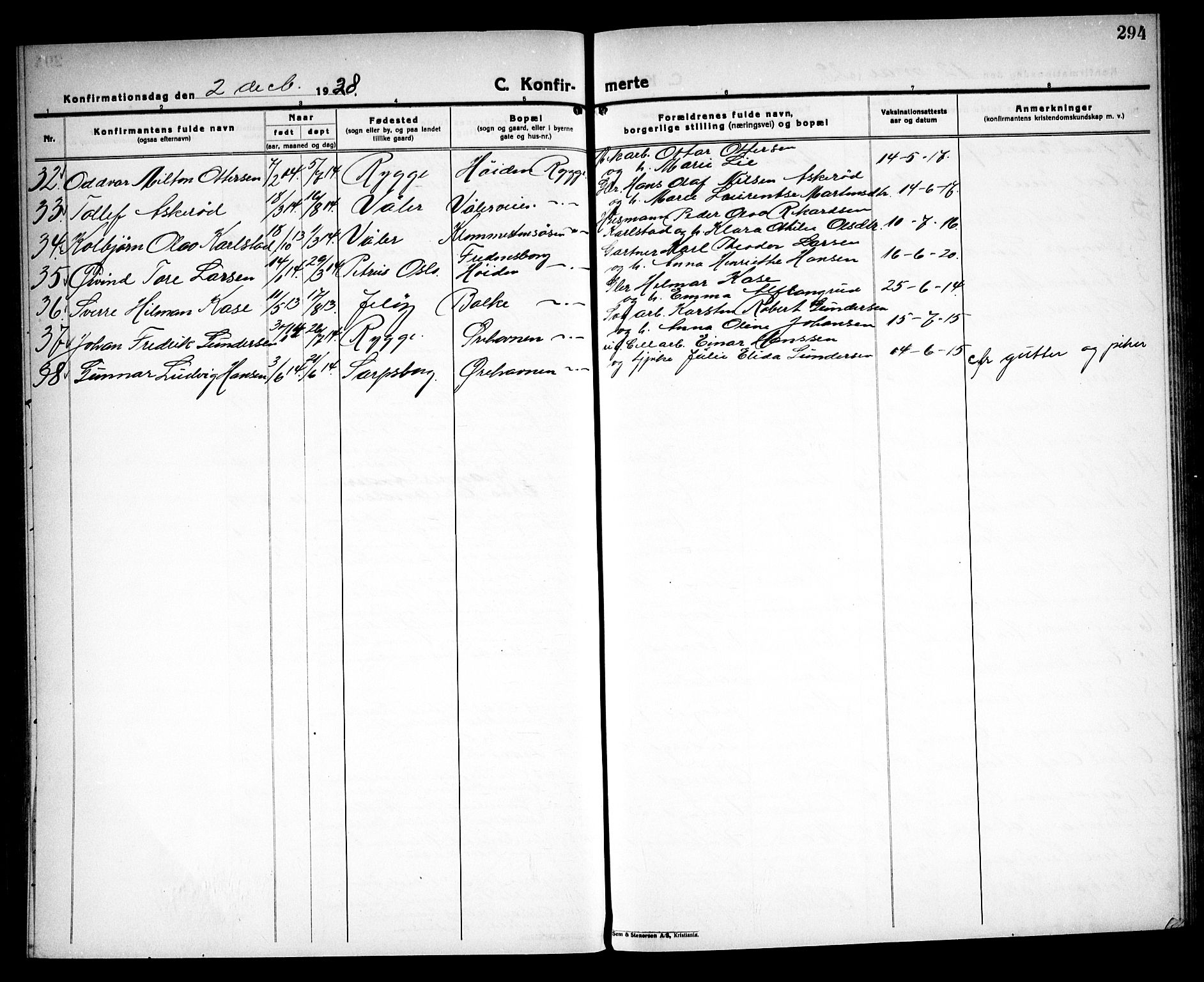 Moss prestekontor Kirkebøker, AV/SAO-A-2003/G/Ga/L0009: Parish register (copy) no. I 9, 1924-1937, p. 294