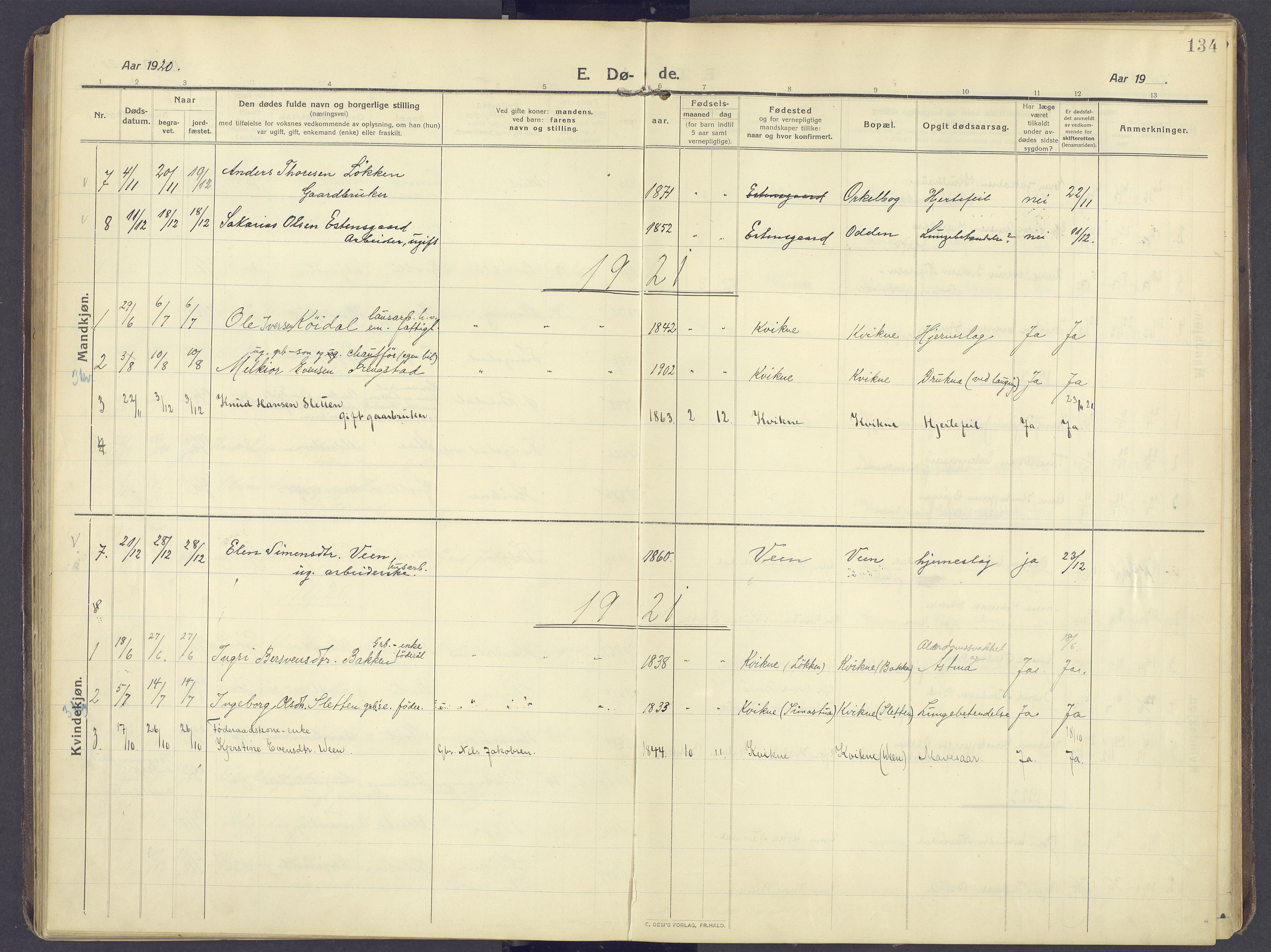 Kvikne prestekontor, SAH/PREST-064/H/Ha/Haa/L0009: Parish register (official) no. 9, 1911-1942, p. 134