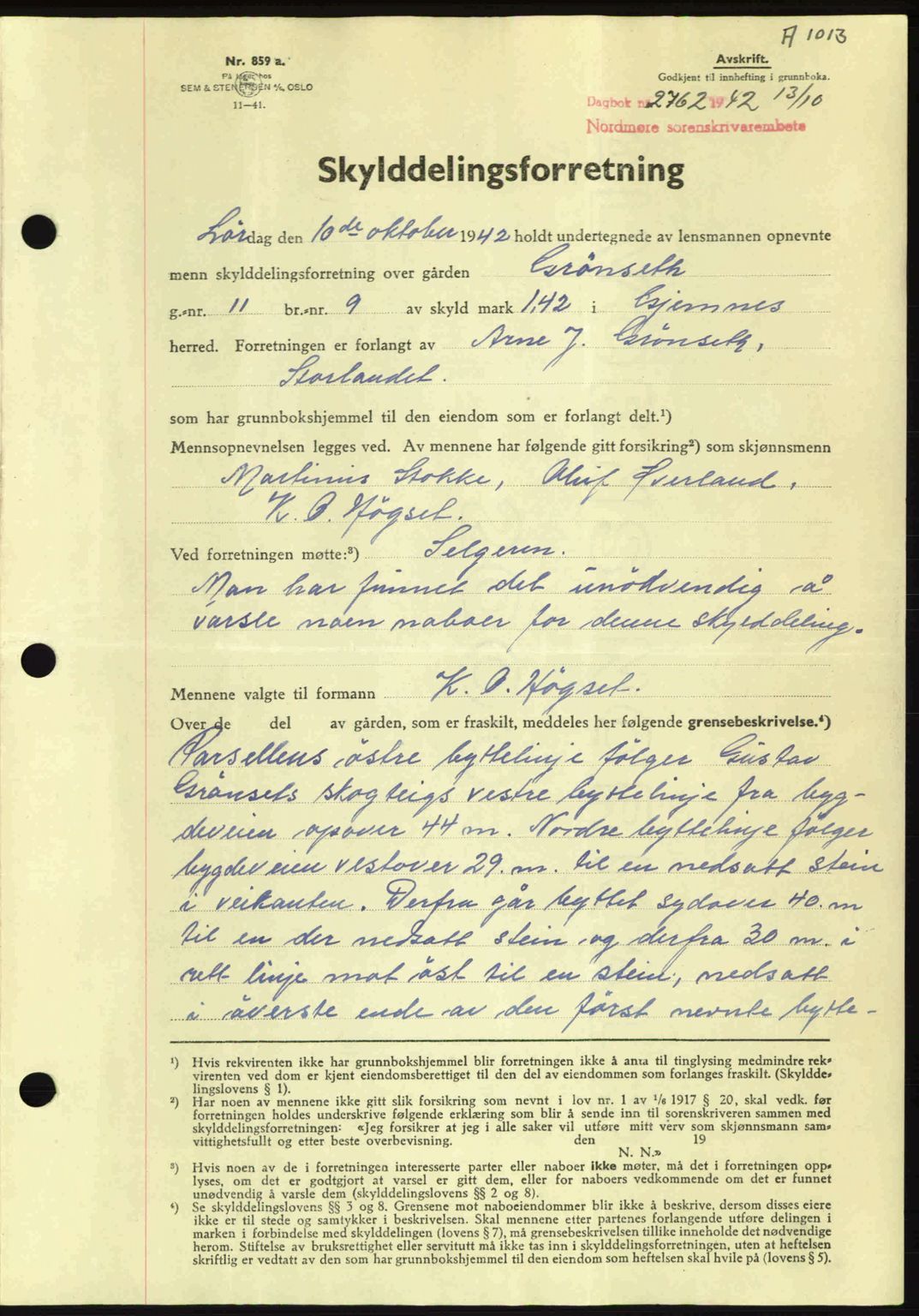 Nordmøre sorenskriveri, AV/SAT-A-4132/1/2/2Ca: Mortgage book no. A93, 1942-1942, Diary no: : 2762/1942