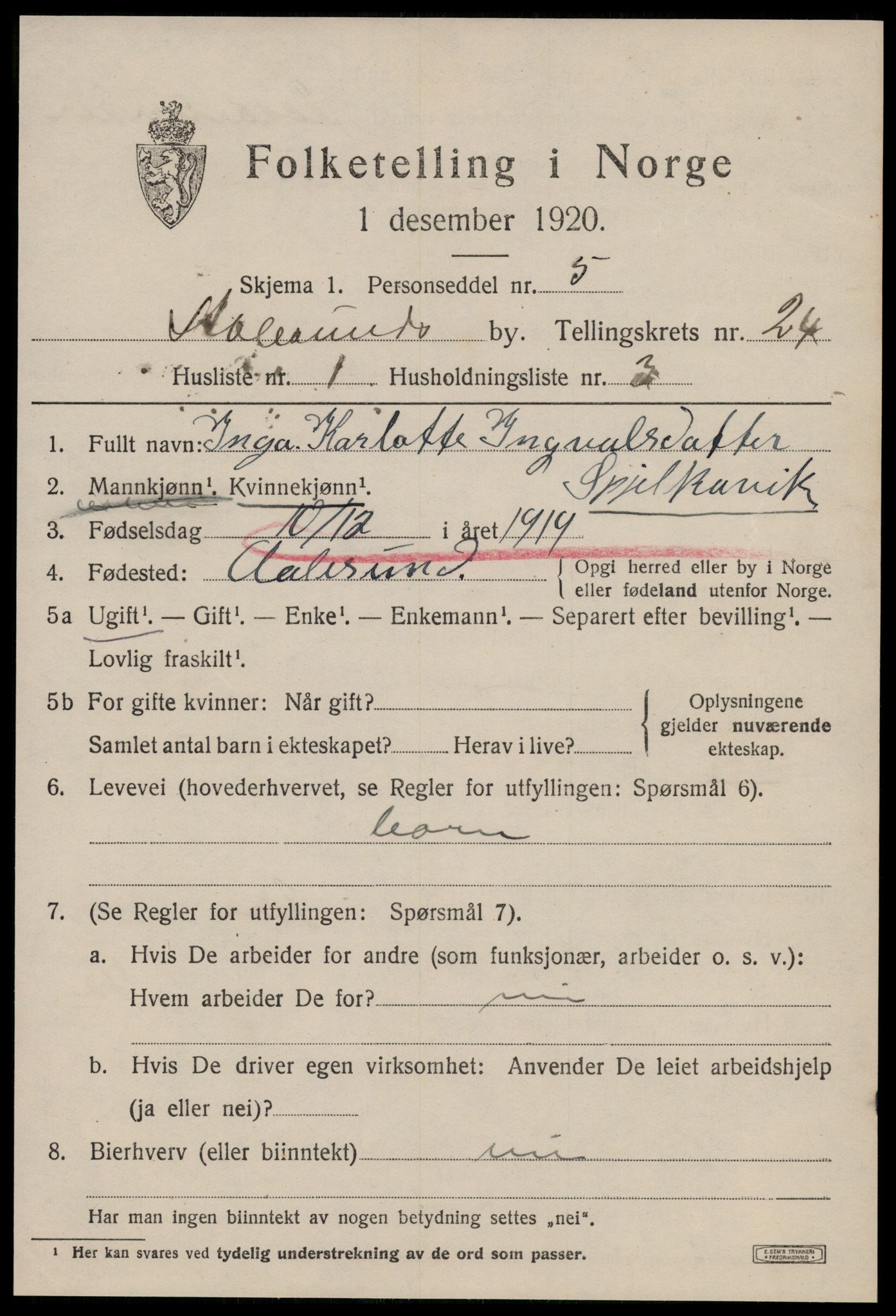SAT, 1920 census for Ålesund, 1920, p. 43252