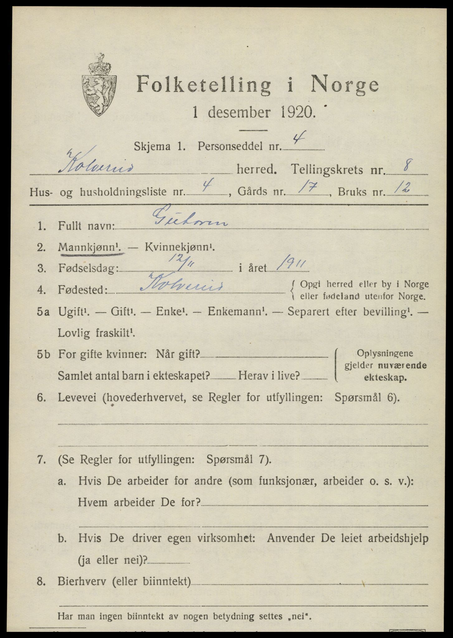 SAT, 1920 census for Kolvereid, 1920, p. 5123