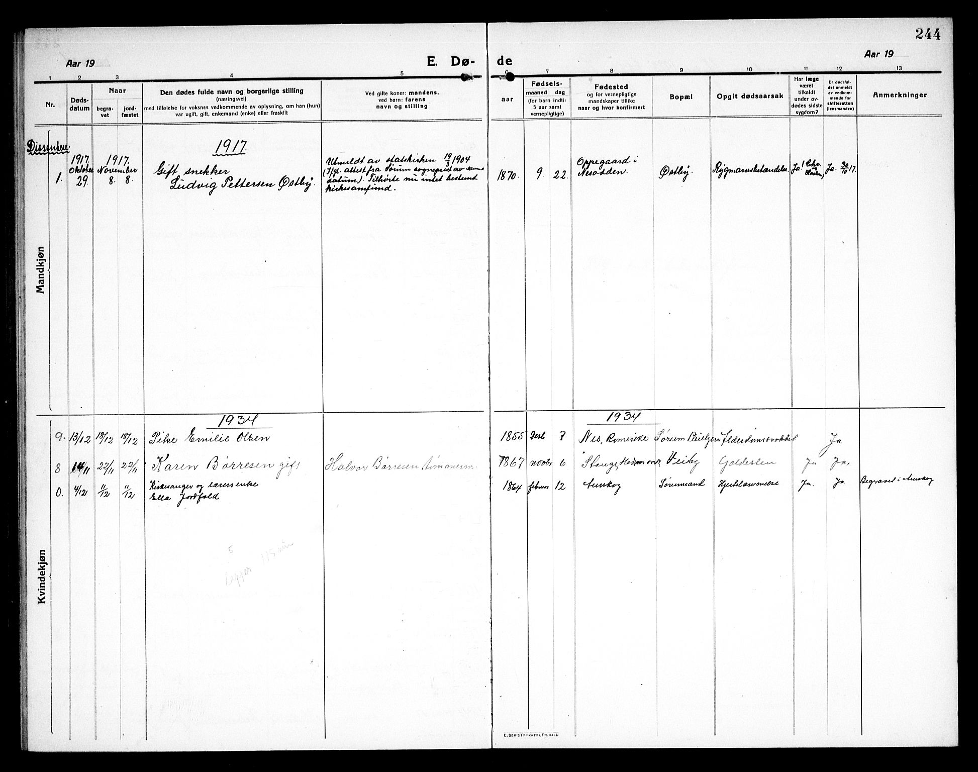 Sørum prestekontor Kirkebøker, AV/SAO-A-10303/G/Ga/L0008: Parish register (copy) no. I 8, 1917-1934, p. 244