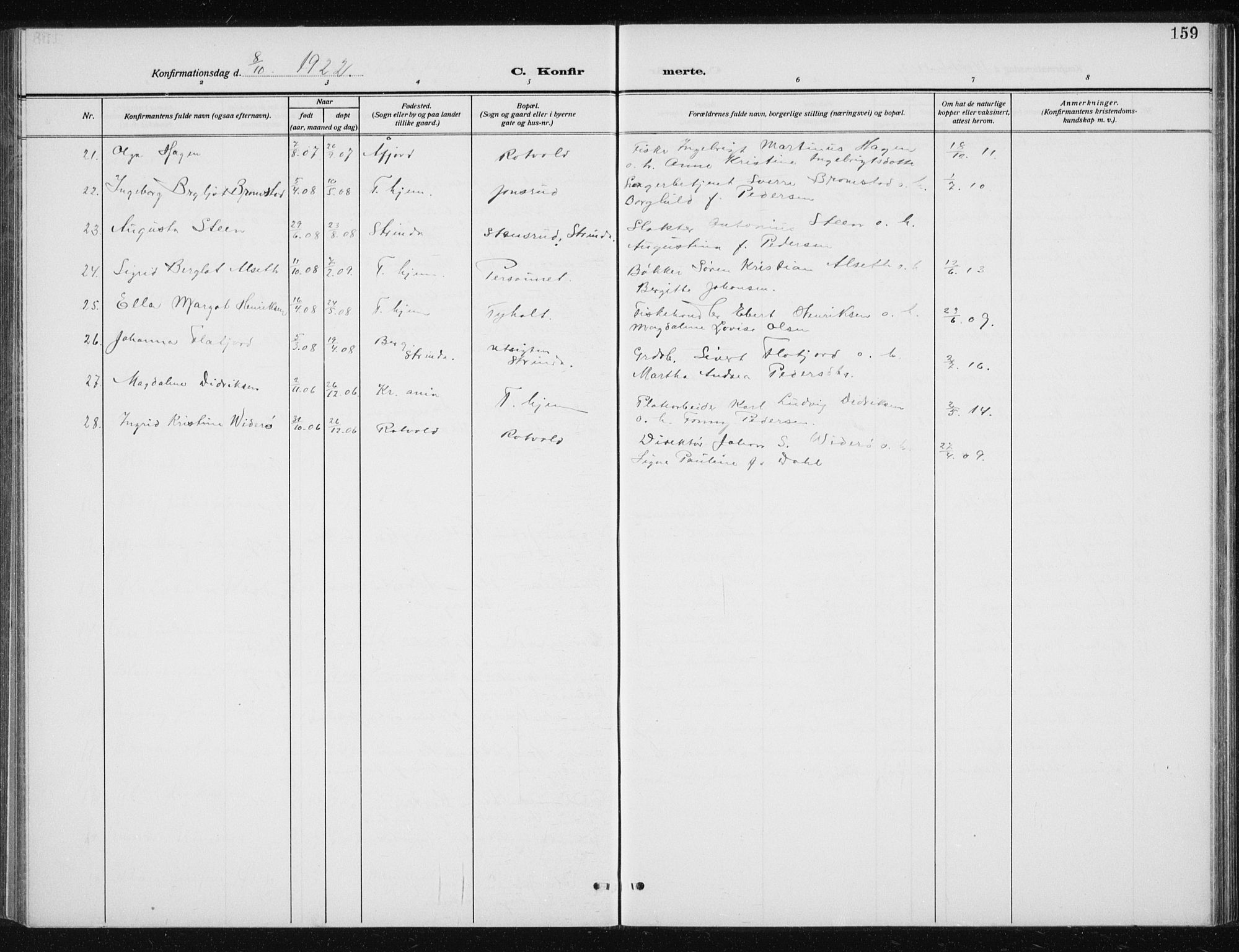 Ministerialprotokoller, klokkerbøker og fødselsregistre - Sør-Trøndelag, SAT/A-1456/606/L0314: Parish register (copy) no. 606C10, 1911-1937, p. 159