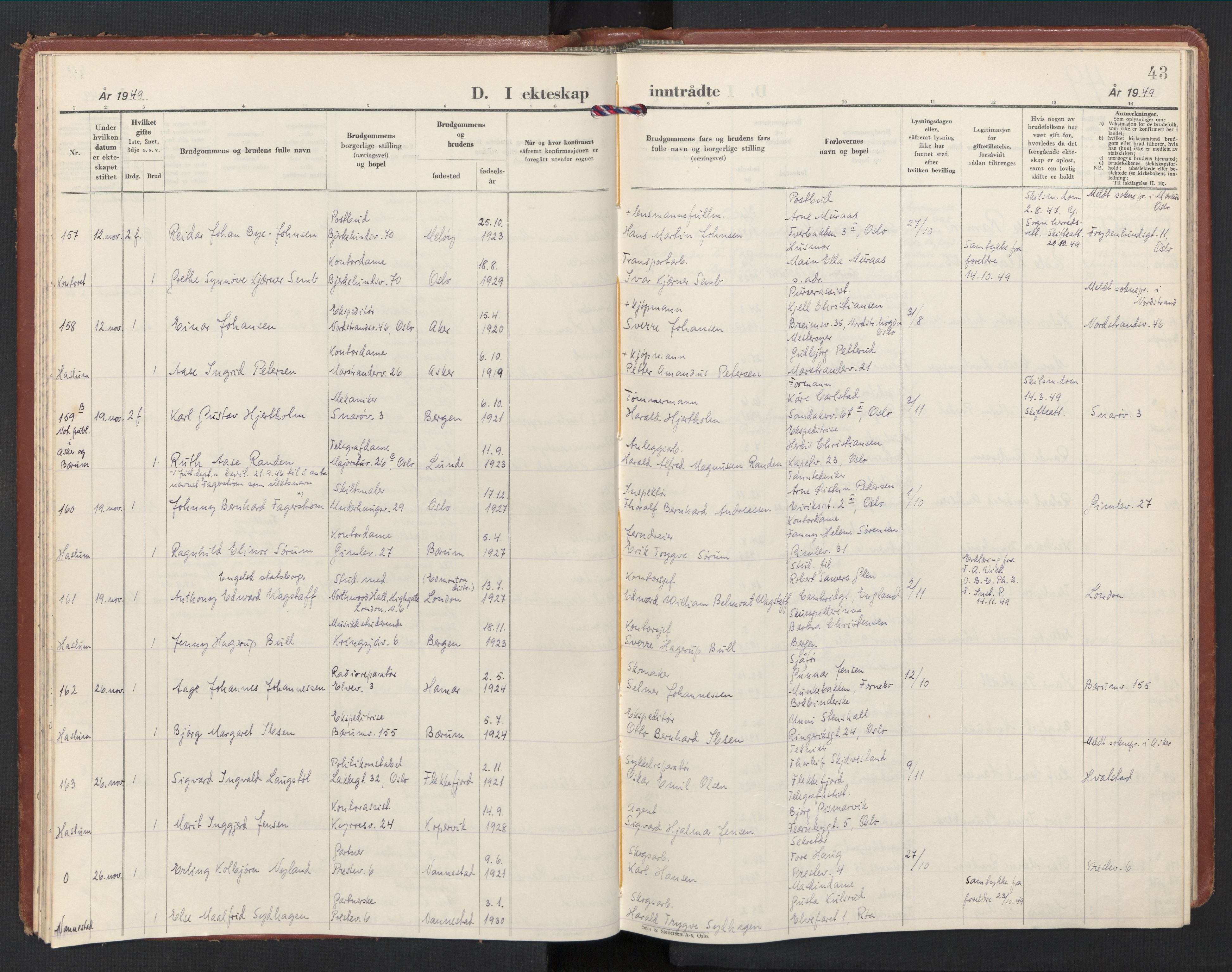 Østre Bærum prestekontor Kirkebøker, AV/SAO-A-10887/F/Fa/L0011: Parish register (official) no. 11, 1948-1956, p. 43