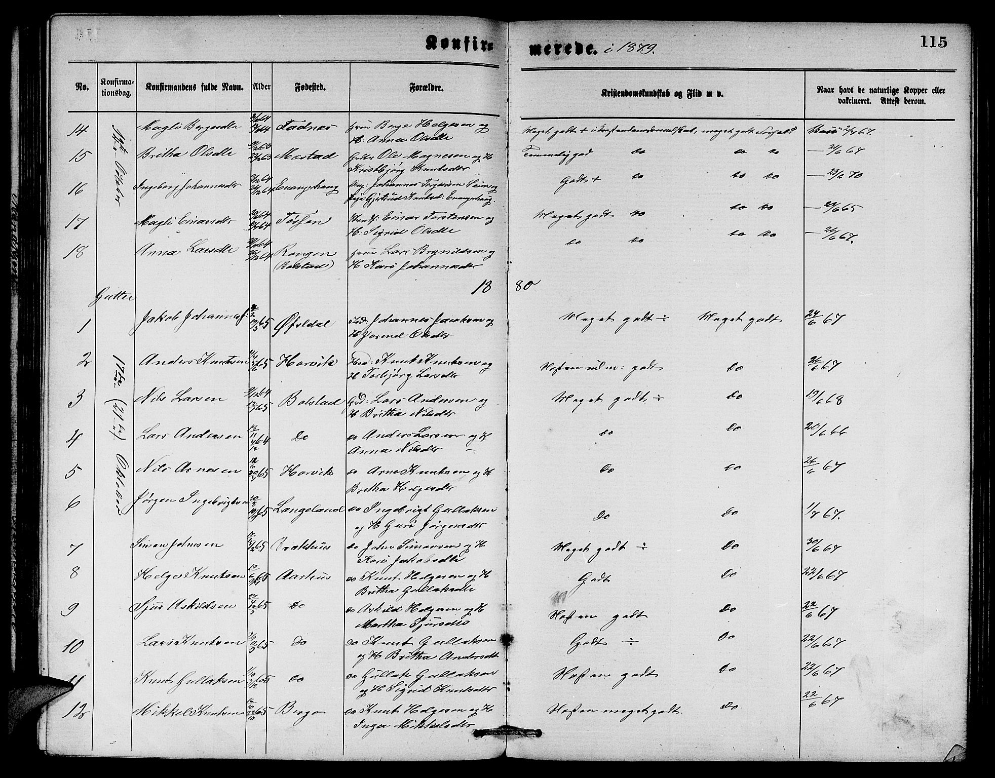 Evanger sokneprestembete, SAB/A-99924: Parish register (copy) no. A 3, 1875-1887, p. 115