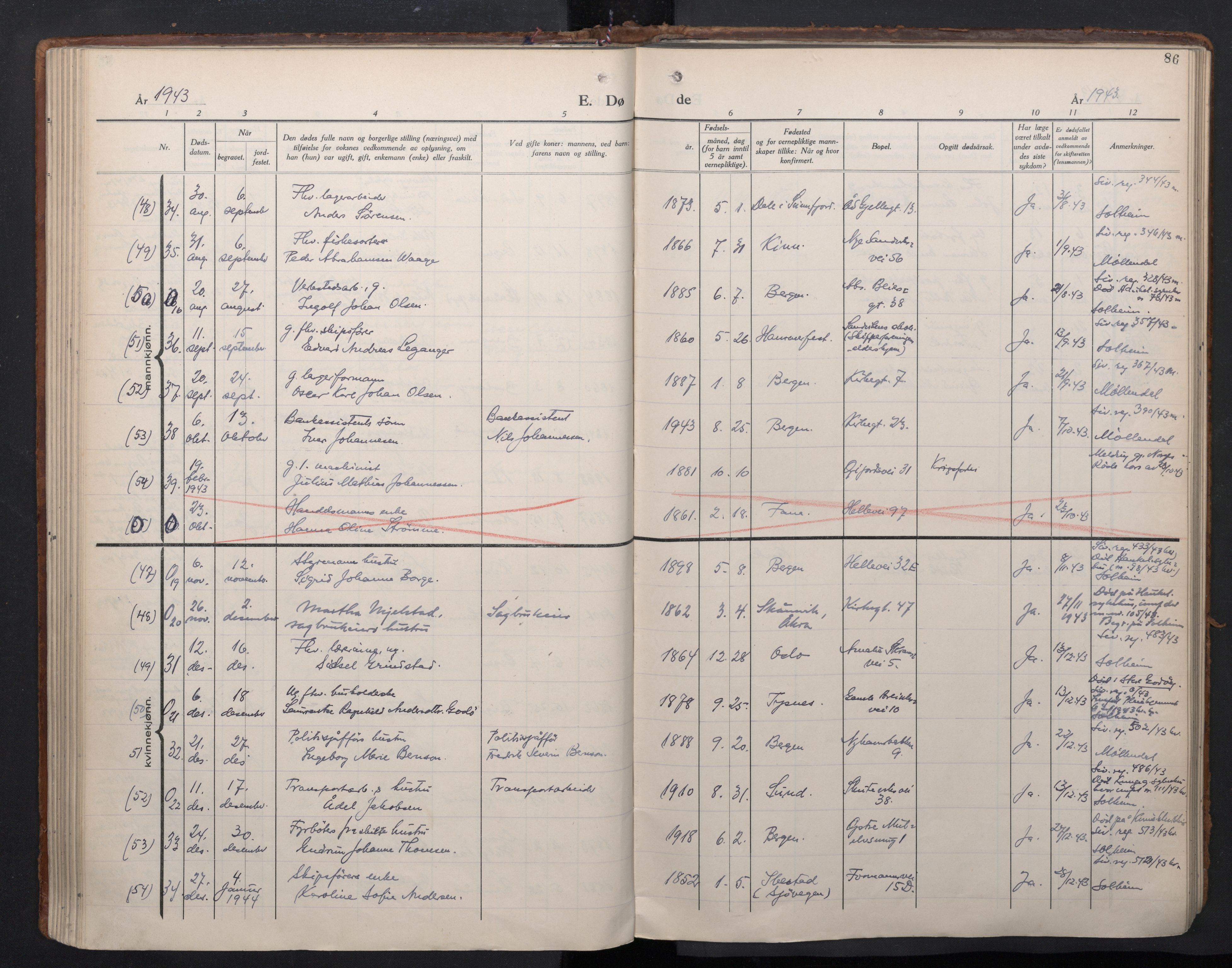 Sandviken Sokneprestembete, AV/SAB-A-77601/H/Ha/L0020: Parish register (official) no. E 3, 1933-1962, p. 86