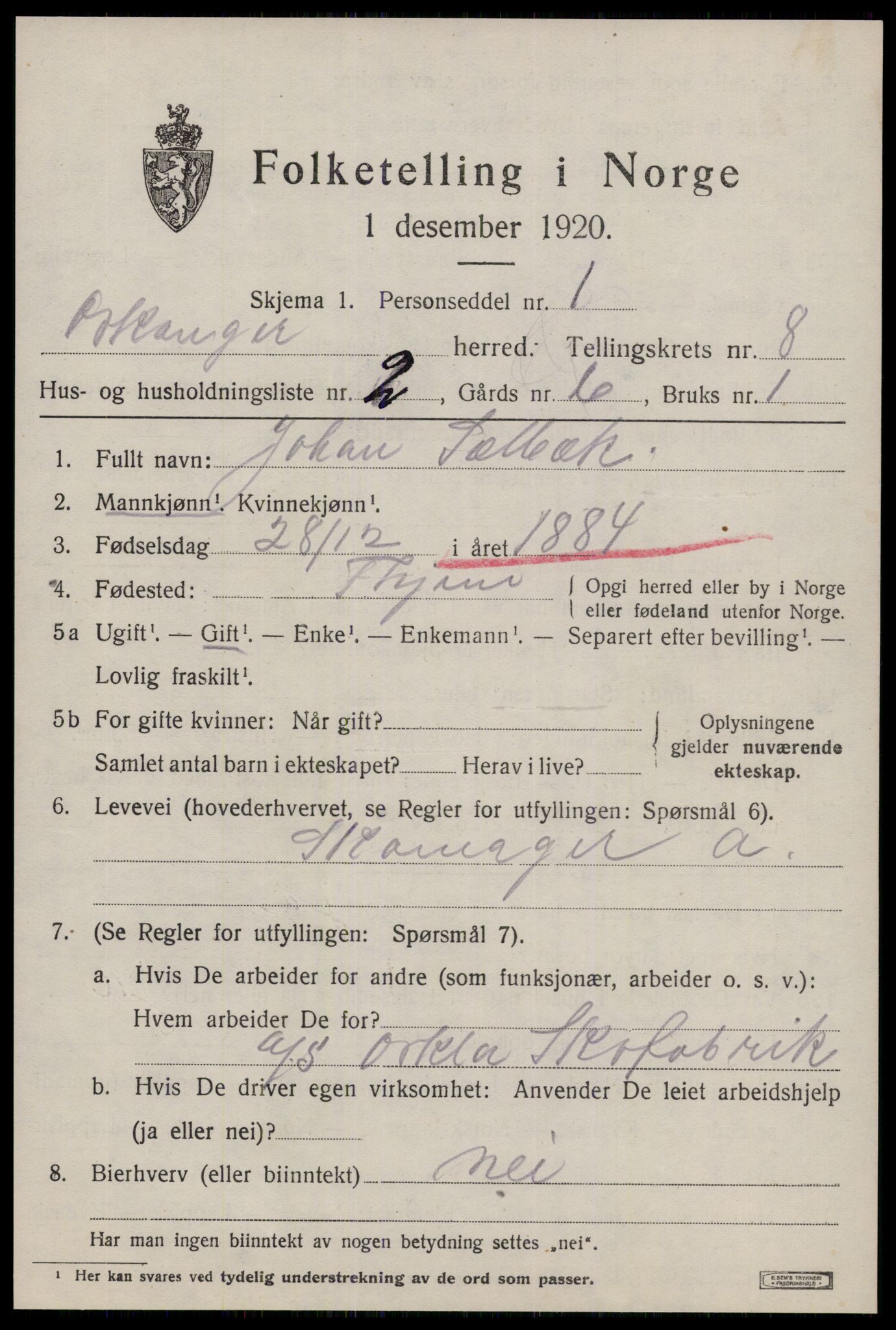 SAT, 1920 census for Orkanger, 1920, p. 3987