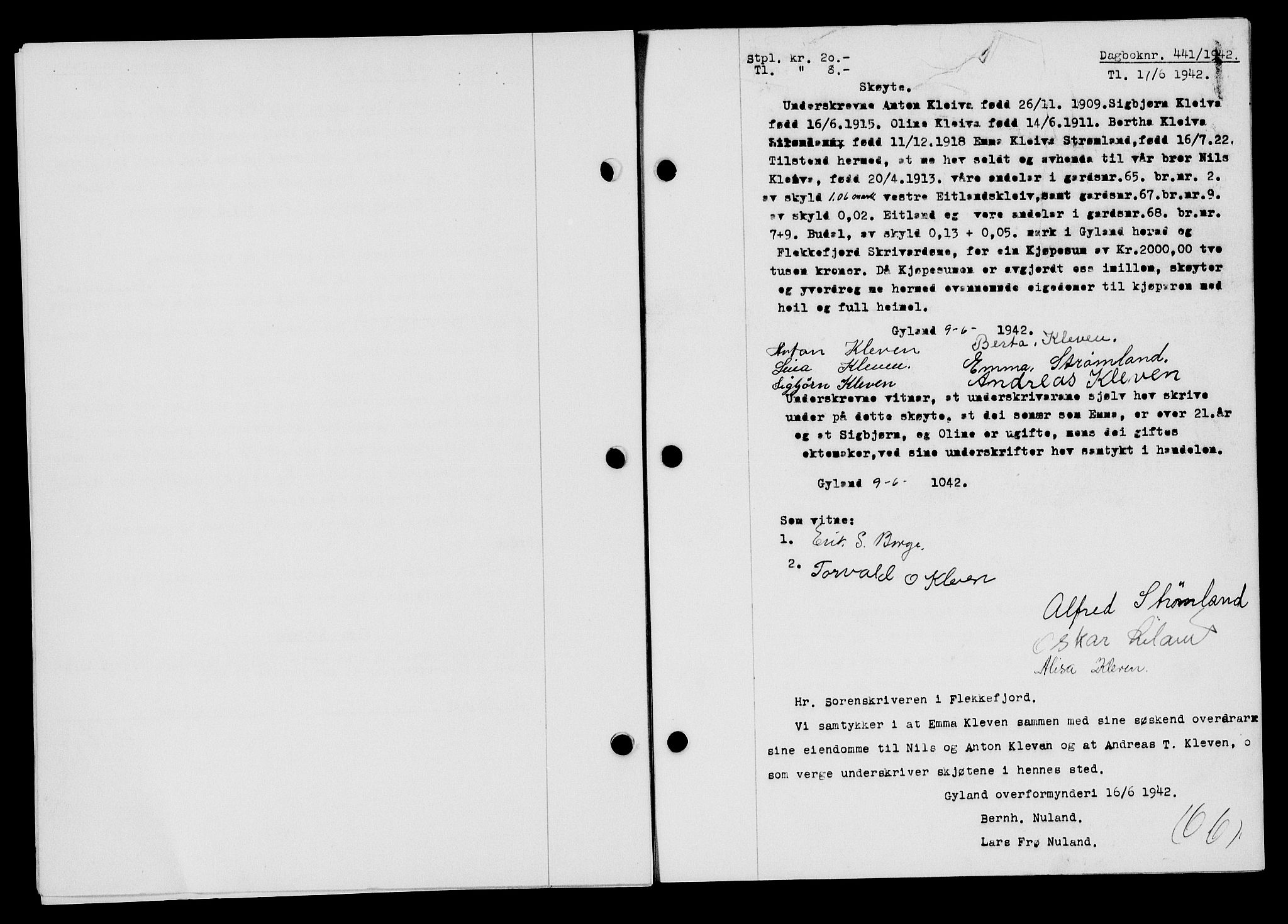 Flekkefjord sorenskriveri, SAK/1221-0001/G/Gb/Gba/L0057: Mortgage book no. A-5, 1941-1942, Diary no: : 441/1942